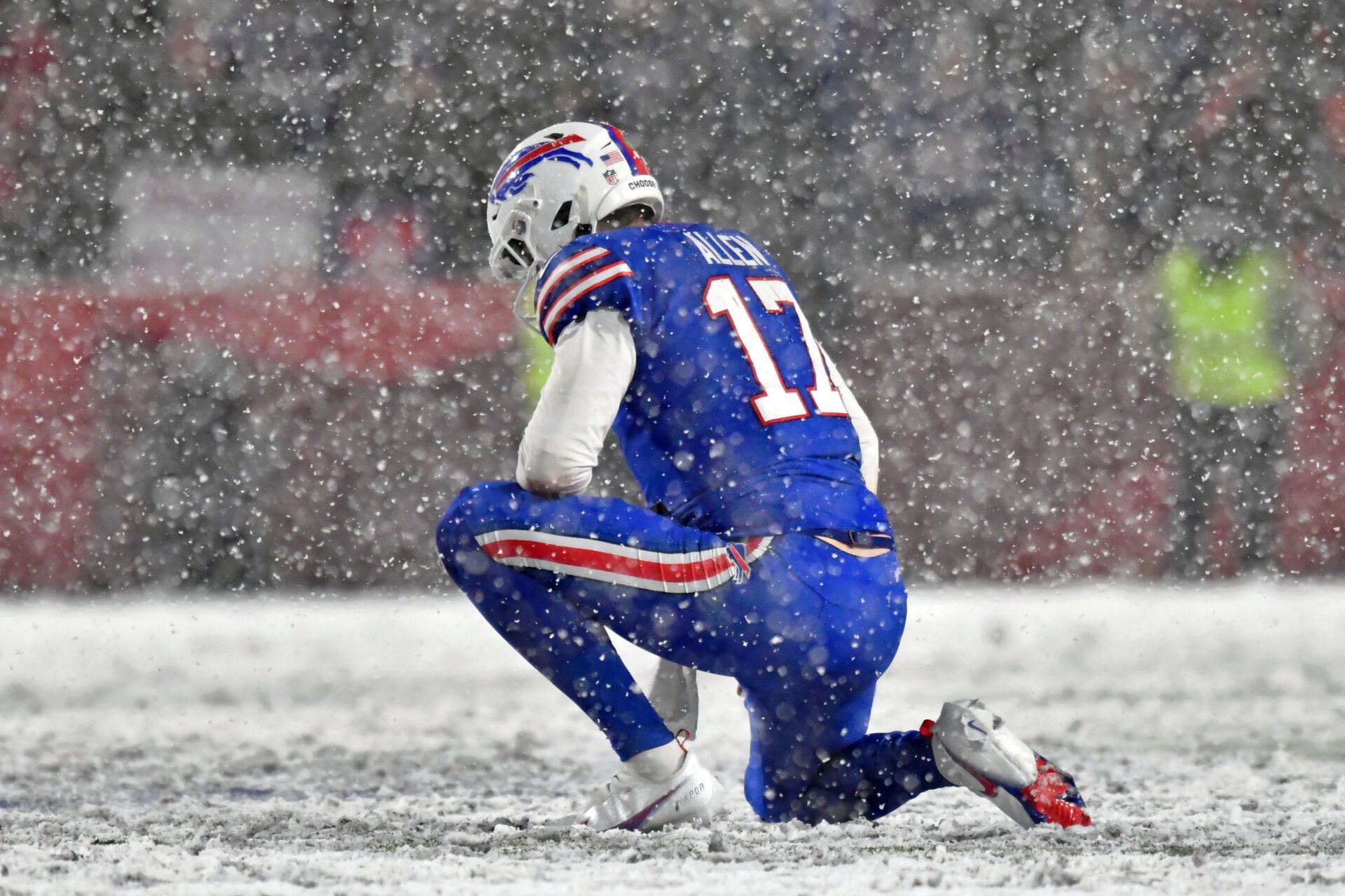 Buffalo Bills quarterback Josh Allen (17) reacts after a play against the Cincinnati Bengals during the fourth quarter of an AFC divisional round game at Highmark Stadium.