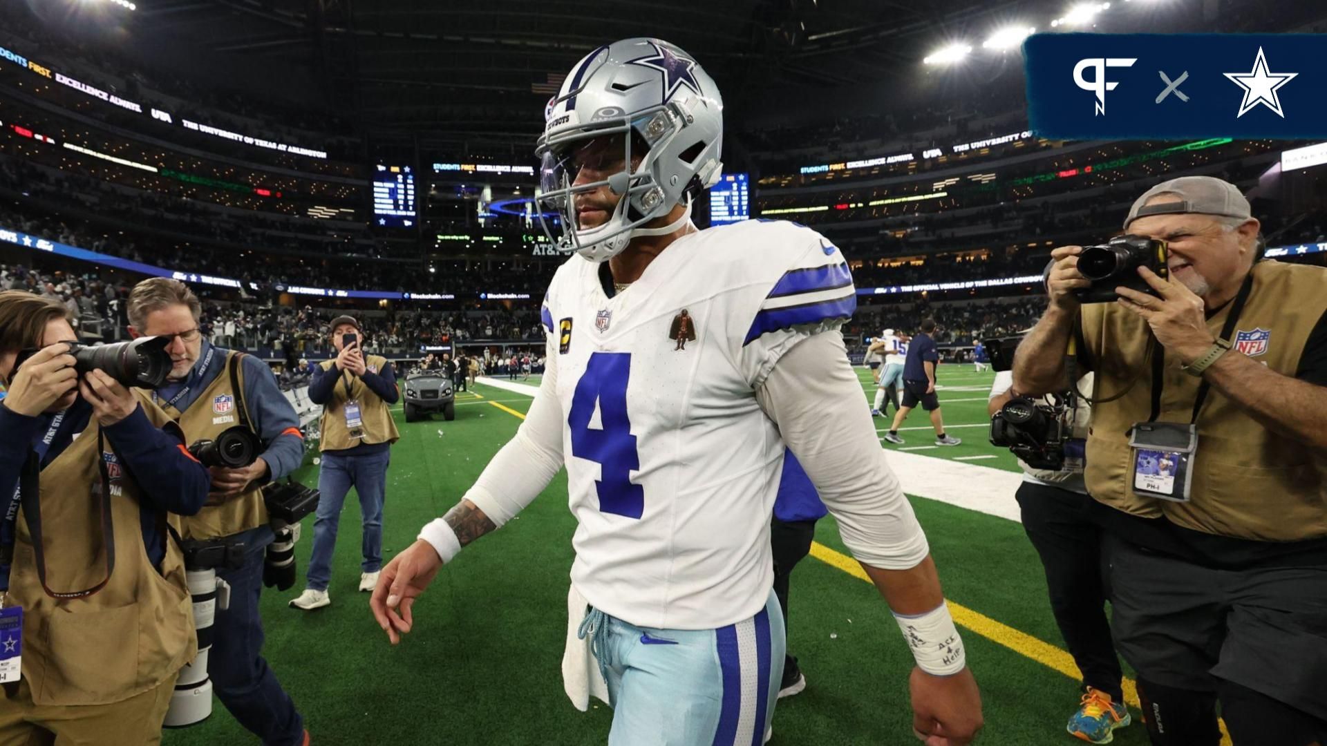 Dallas Cowboys quarterback Dak Prescott (4) walks off the field against the Green Bay Packers after the 2024 NFC wild card game at AT&T Stadium.