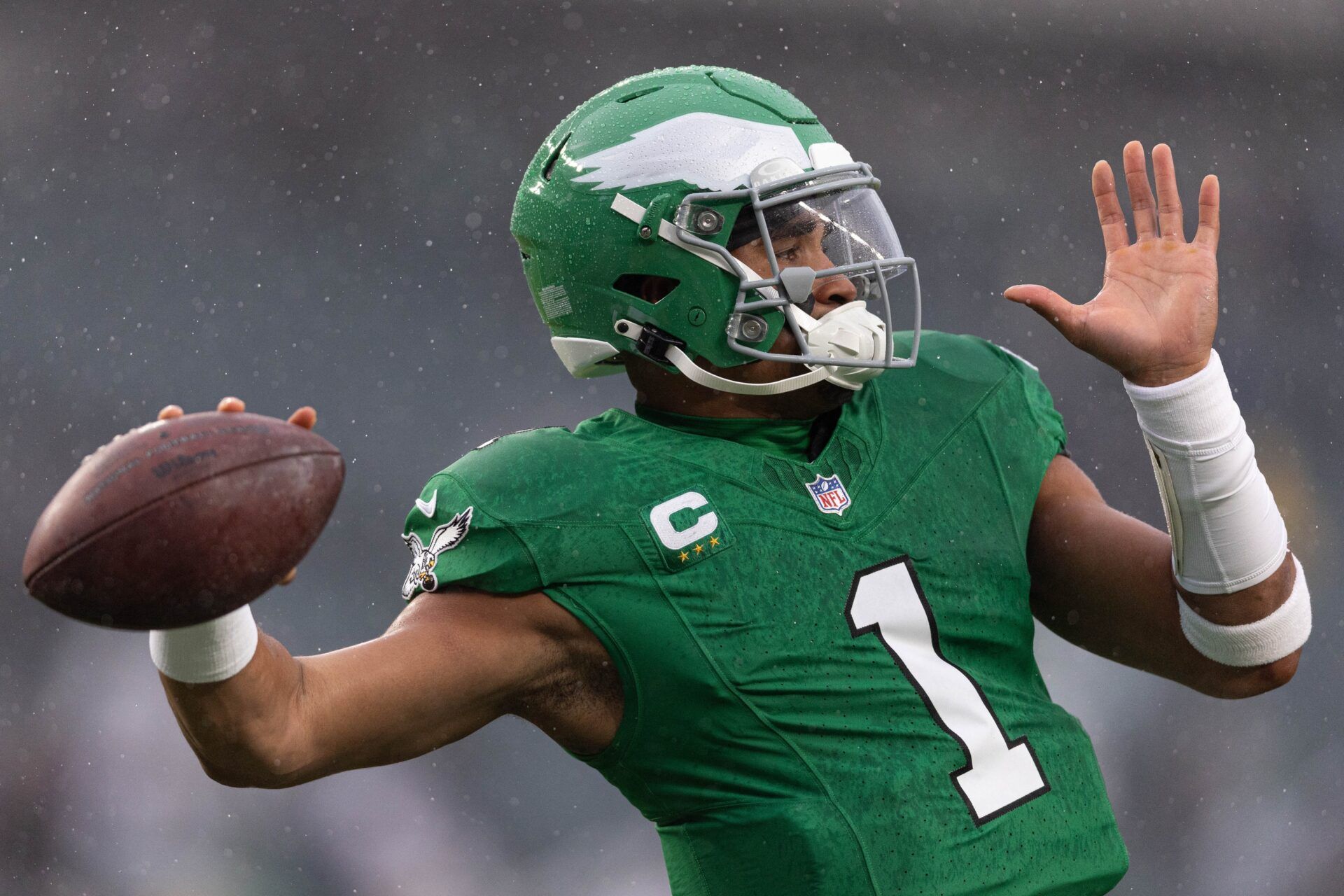 Philadelphia Eagles quarterback Jalen Hurts (1) warms up against the Buffalo Bills at Lincoln Financial Field.