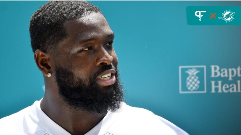 Miami Dolphins offensive tackle Terron Armstead (72) answers questions from the media during training camp at Baptist Health Training Complex.