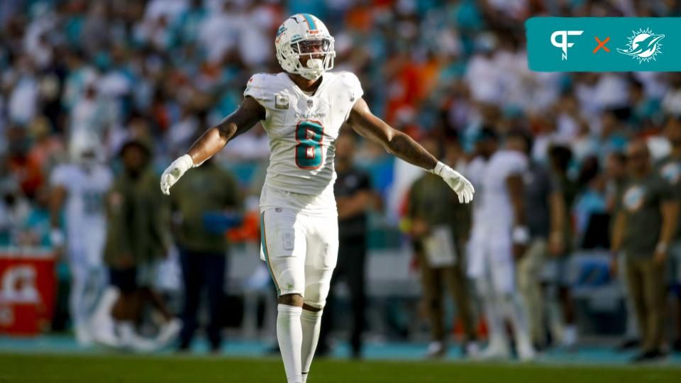 Miami Dolphins safety Jevon Holland (8) walks on the field during the fourth quarter against the Cleveland Browns at Hard Rock Stadium.