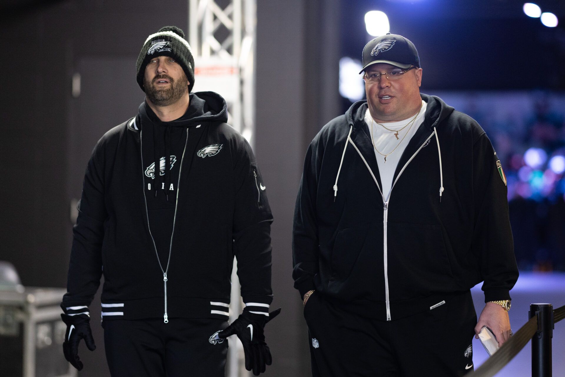 Philadelphia Eagles head coach Nick Sirianni chief security officer Dom DiSandro before a game against the Arizona Cardinals at Lincoln Financial Field.