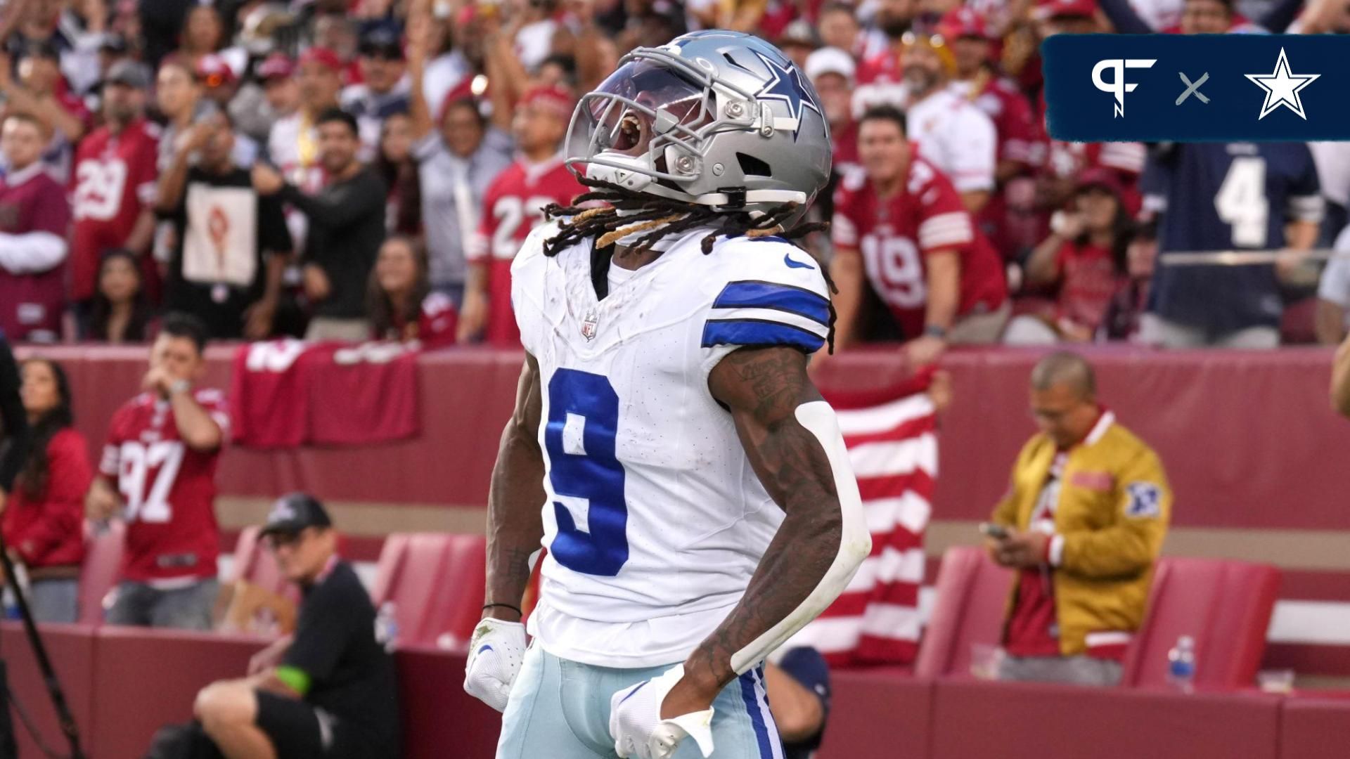 Dallas Cowboys wide receiver KaVontae Turpin (9) reacts after scoring a touchdown against the San Francisco 49ers during the second quarter at Levi's Stadium.