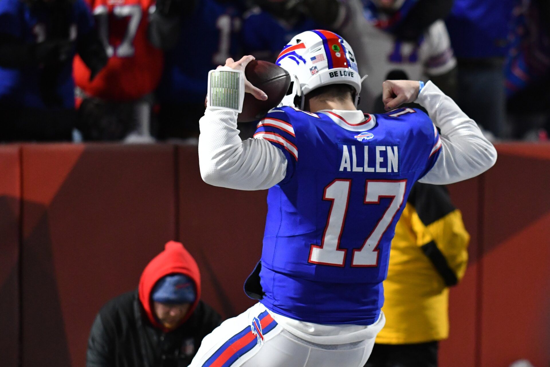 Buffalo Bills quarterback Josh Allen (17) celebrates a touch down in the first half against the Pittsburgh Steelers in a 2024 AFC wild card game at Highmark Stadium.