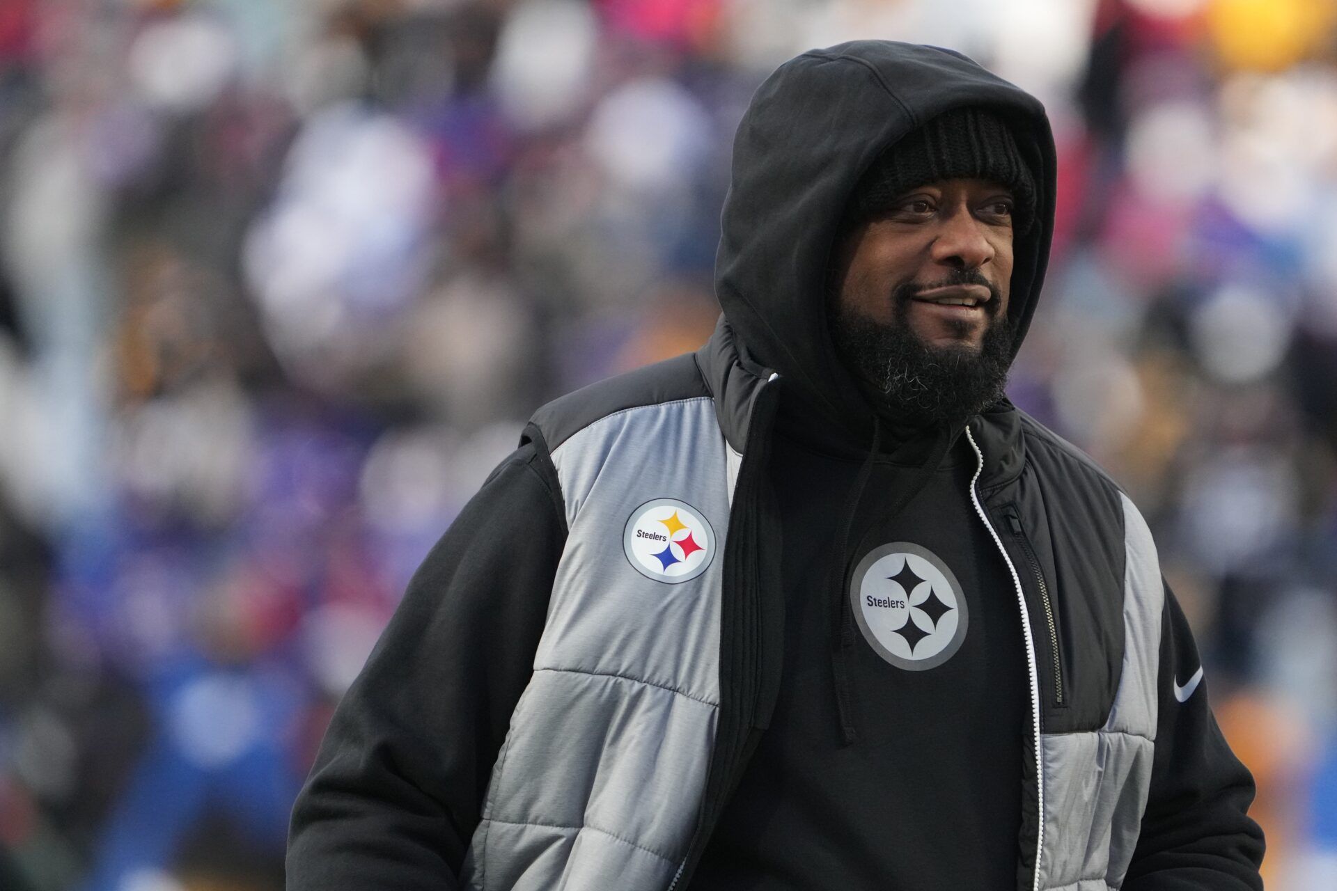 Pittsburgh Steelers head coach Mike Tomlin walks the field before the game against the Buffalo Bills in a 2024 AFC wild card game at Highmark Stadium.