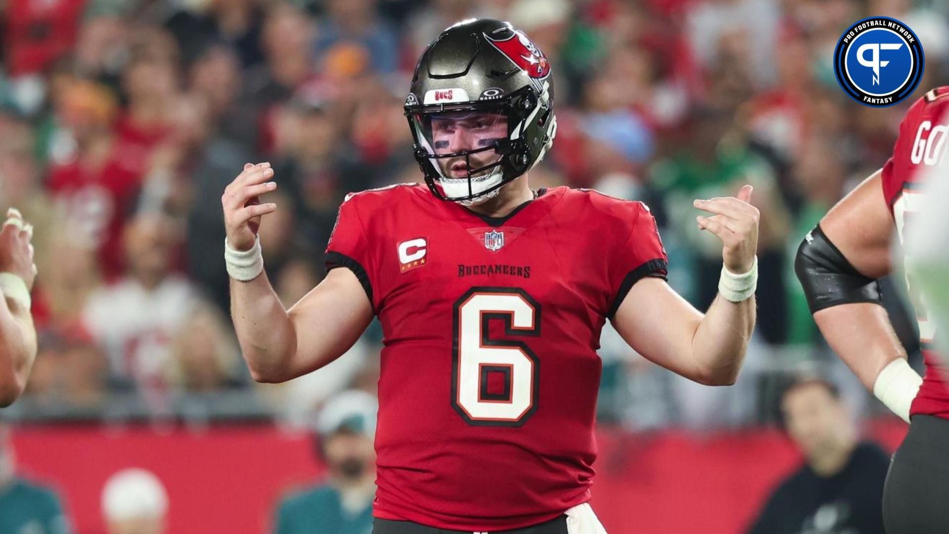 Tampa Bay Buccaneers QB Baker Mayfield (6) gestures before a snap against the Philadelphia Eagles.