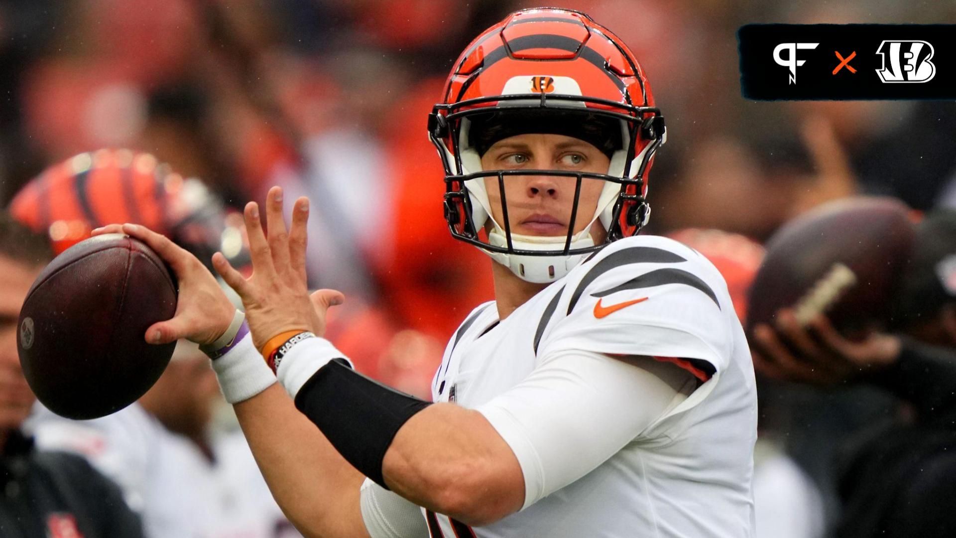 Cincinnati Bengals quarterback Joe Burrow (9) throws during warm ups before the first quarter of an NFL football game between the Cincinnati Bengals and Cleveland Browns, Sunday, Sept. 10, 2023, at Cleveland Browns Stadium in Cleveland.