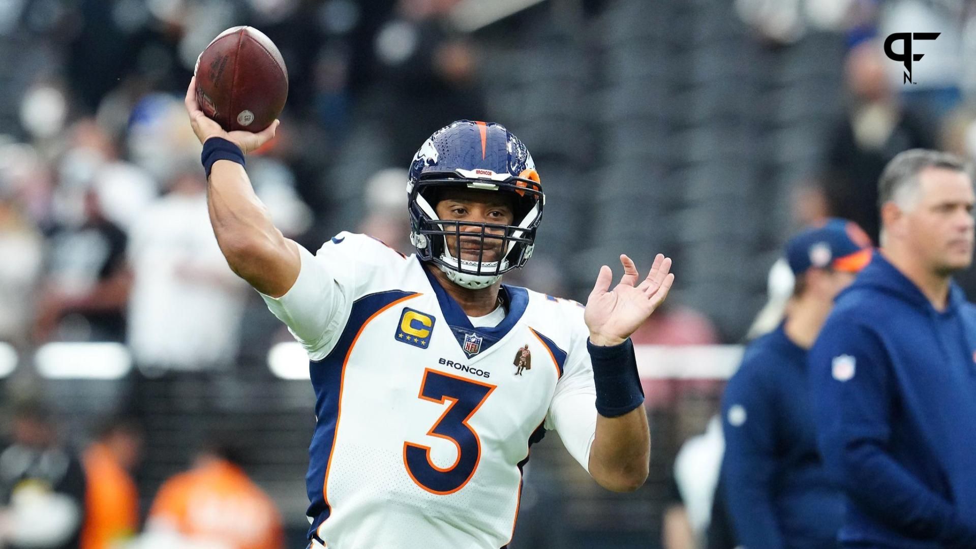 Denver Broncos quarterback Russell Wilson (3) warms up before a game against the Las Vegas Raiders at Allegiant Stadium.