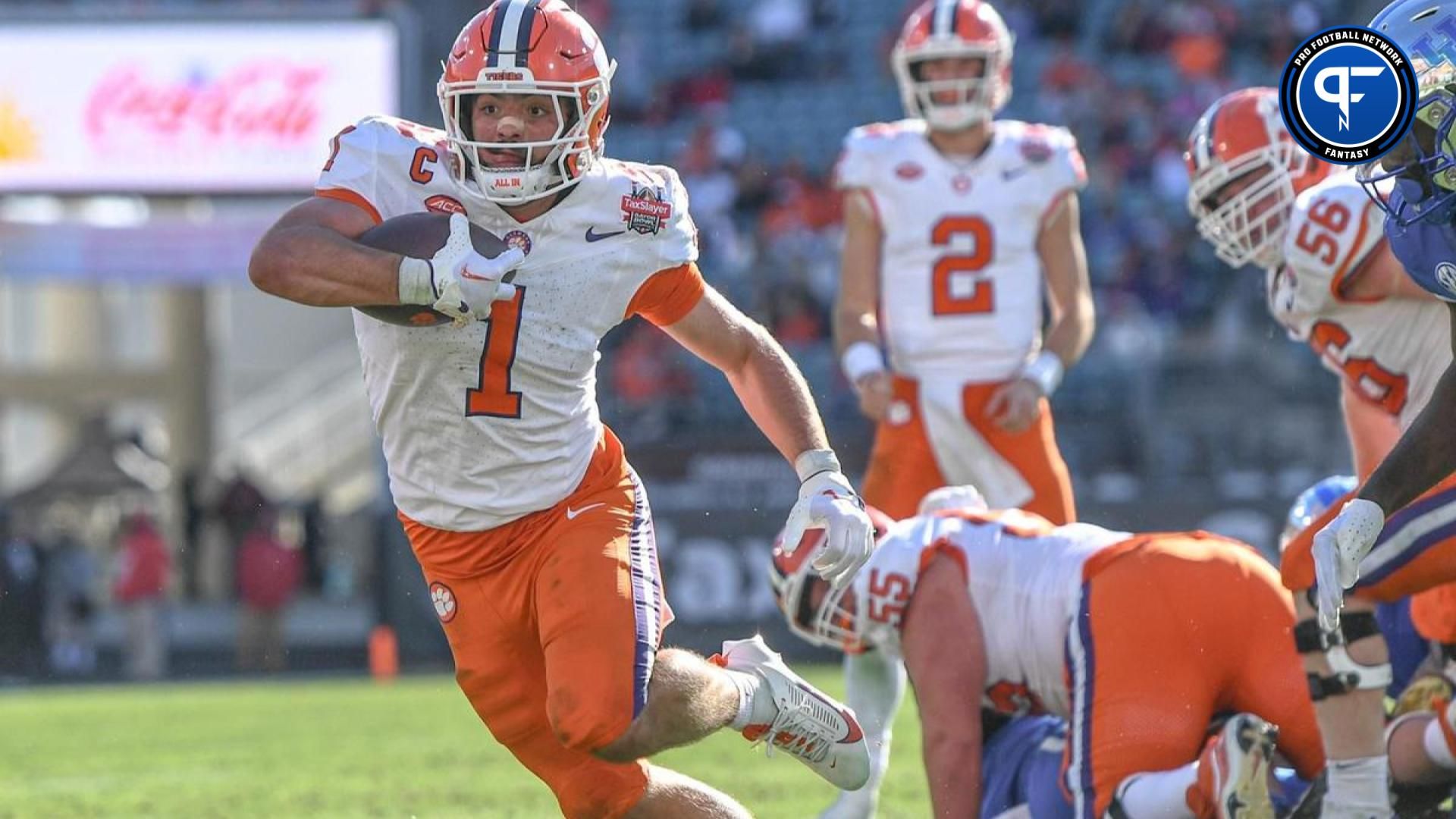 Clemson running back Will Shipley (1) runs during the fourth quarter of the TaxSlayer Gator Bowl at EverBank Stadium in Jacksonville, Florida, Friday, December 29, 2023. Clemson won 38-35.