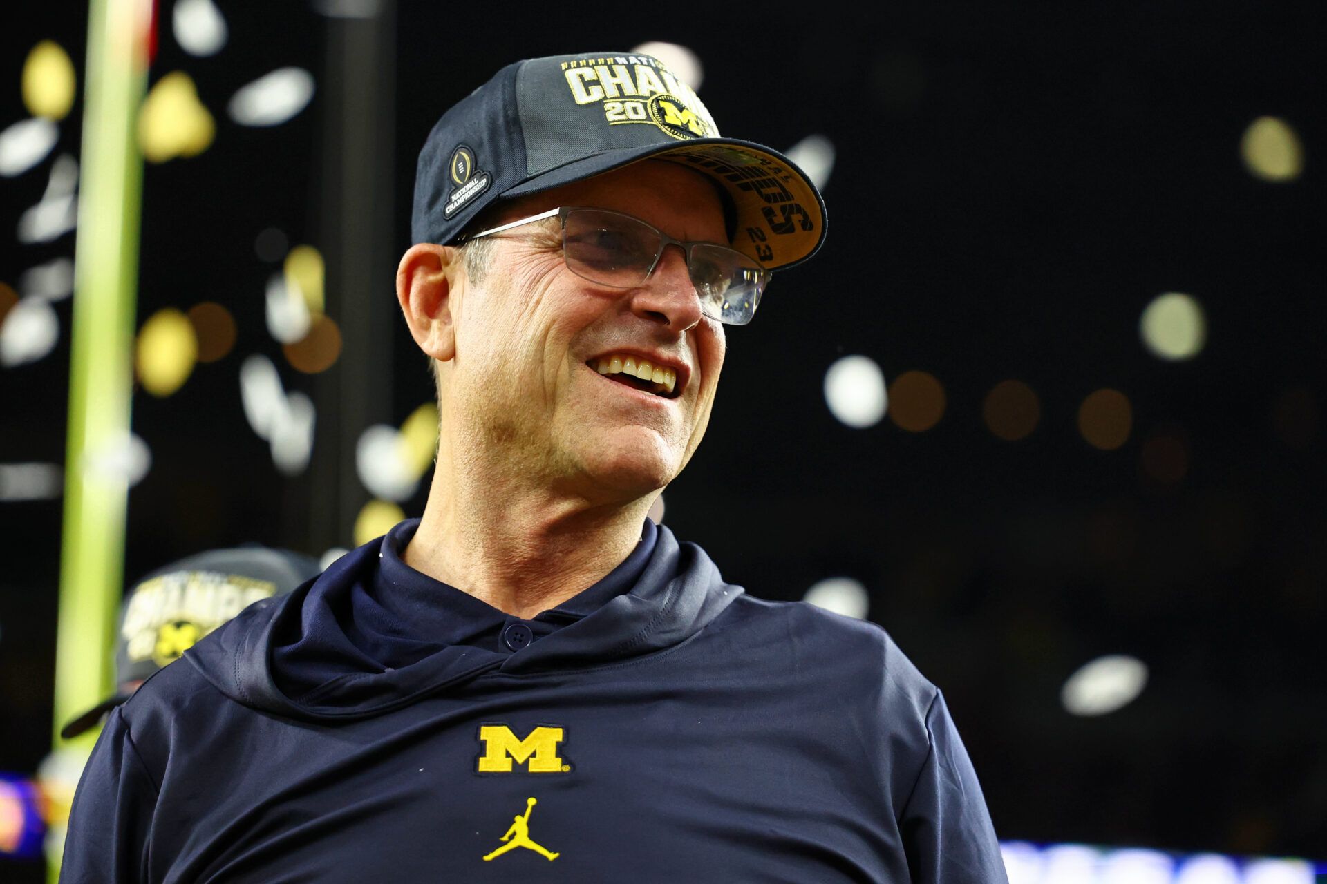 Jan 8, 2024; Houston, TX, USA; Michigan Wolverines head coach Jim Harbaugh reacts after winning 2024 College Football Playoff national championship game against the Washington Huskies at NRG Stadium. Mandatory Credit: Mark J. Rebilas-USA TODAY Sports