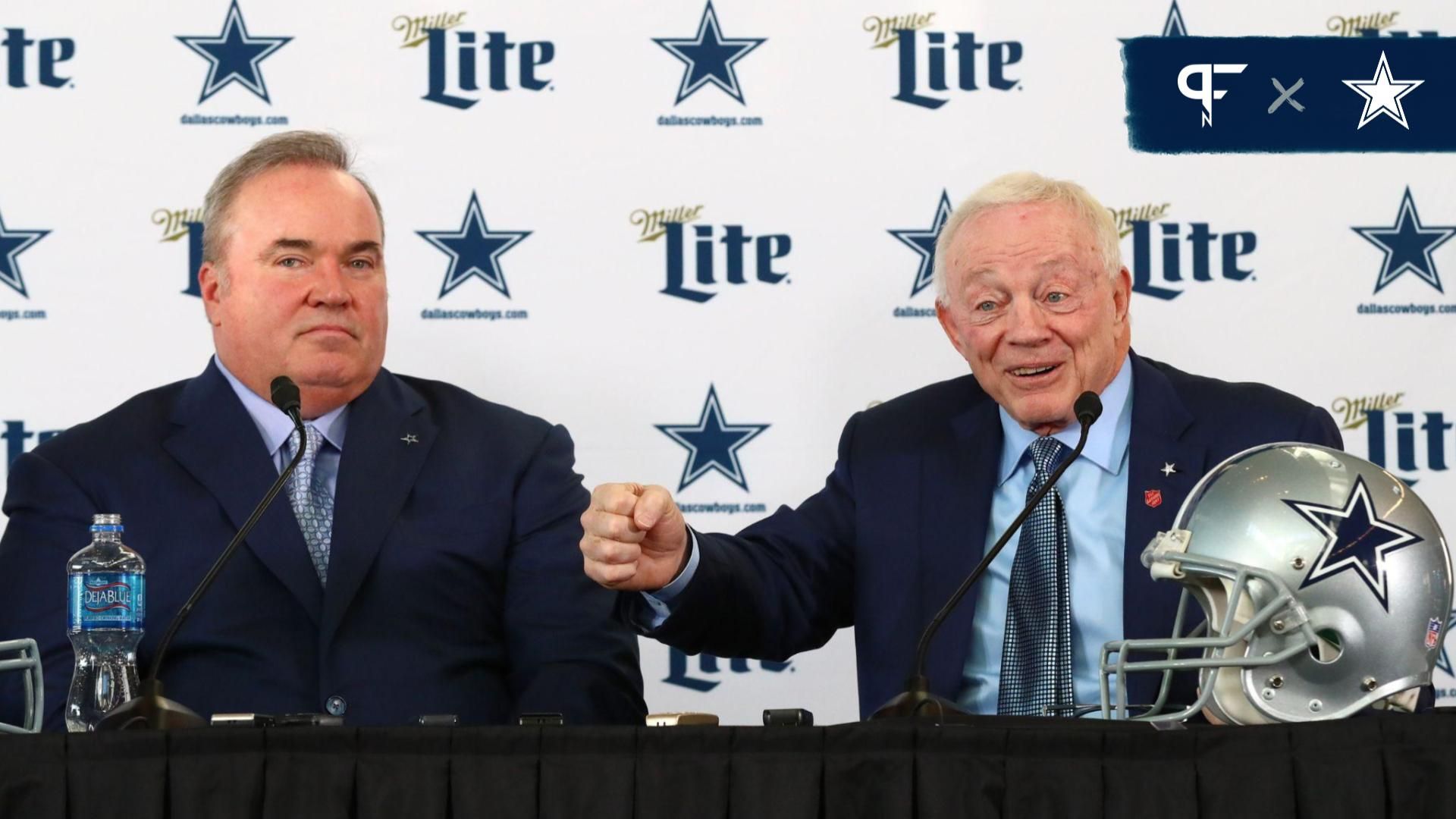 Dallas Cowboys owner Jerry Jones answers questions with new head coach Mike McCarthy during a press conference at Ford Center at the Star.