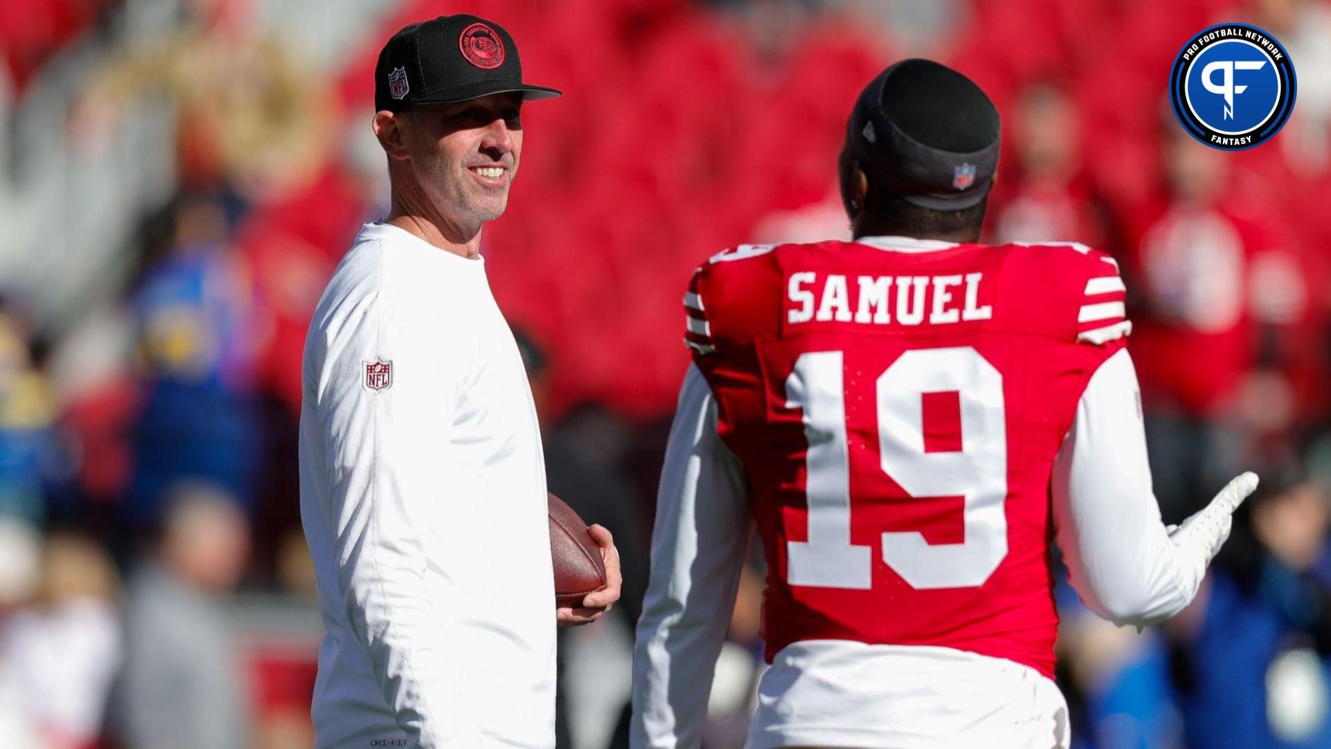 San Francisco 49ers head coach Kyle Shanahan and wide receiver Deebo Samuel (19) before the game against the Los Angeles Rams at Levi's Stadium.