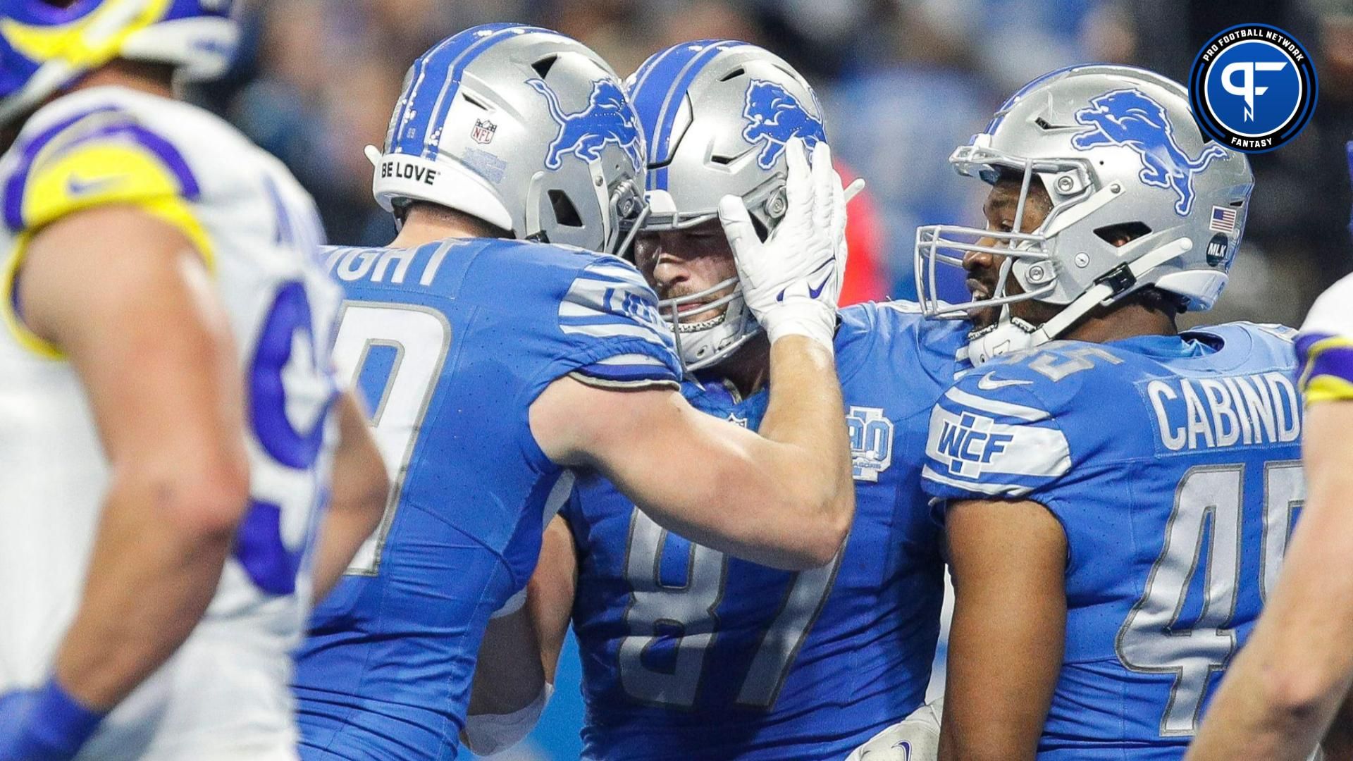 Detroit Lions tight end Sam LaPorta celebrates his fourth-down touchdown against the Los Angeles Rams during the first half of the NFC wild-card game at Ford Field.