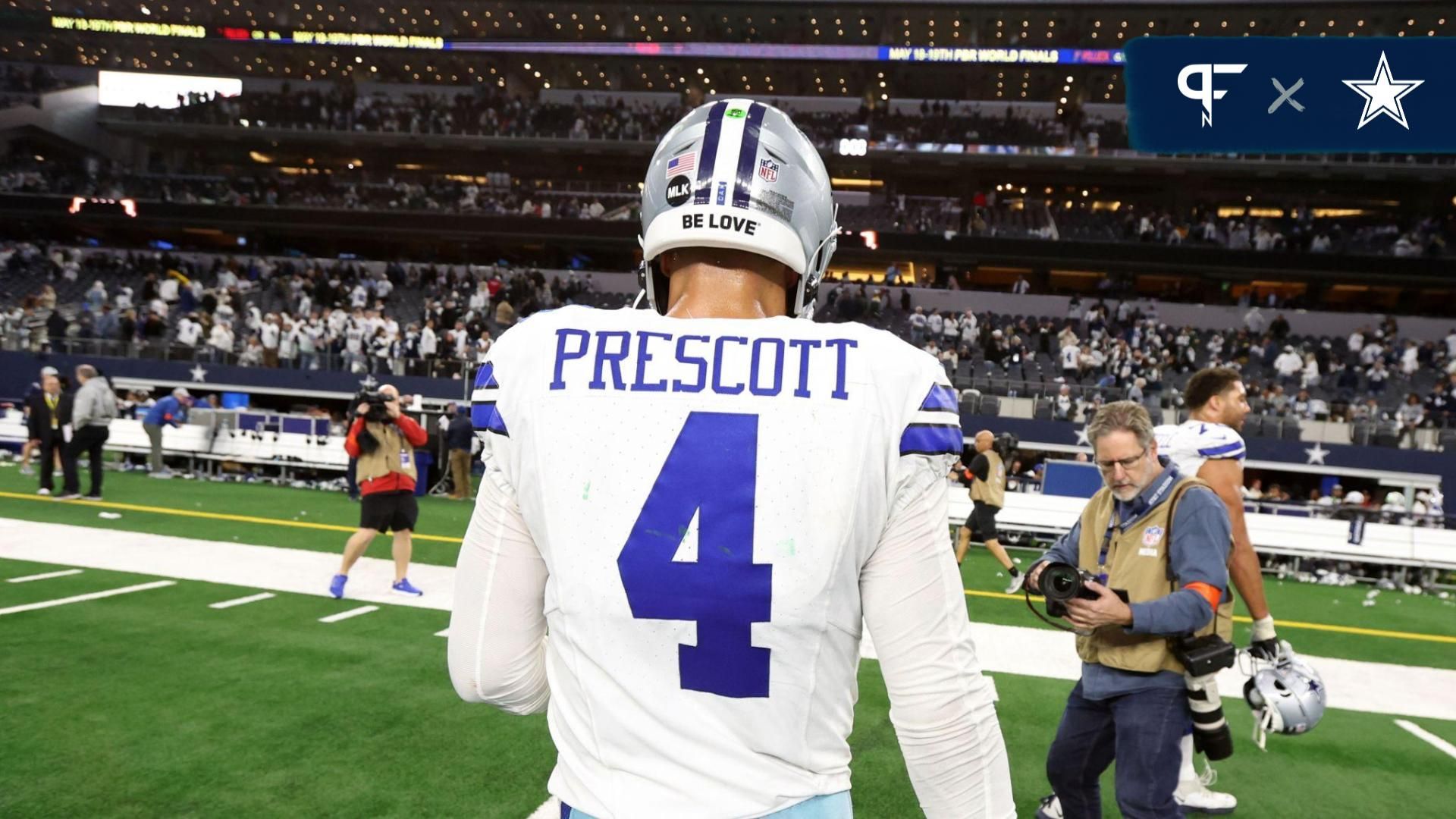 Dallas Cowboys quarterback Dak Prescott (4) walks off the field after losing in the 2024 NFC wild card game against the Green Bay Packers at AT&T Stadium.