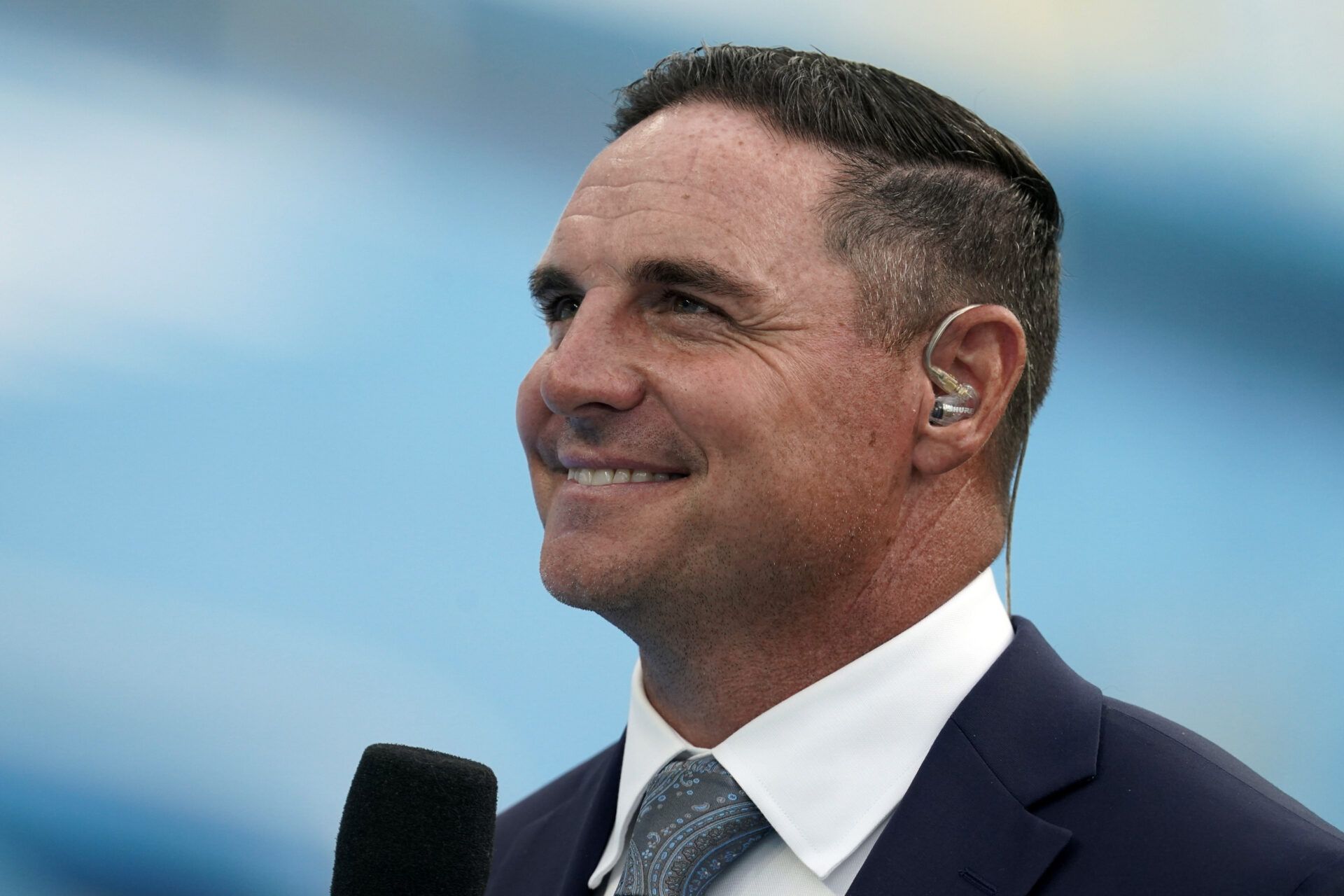 CBS Sports sideline reporter Jay Feely during the game between the Carolina Panthers and the Los Angeles Chargers at SoFi Stadium.