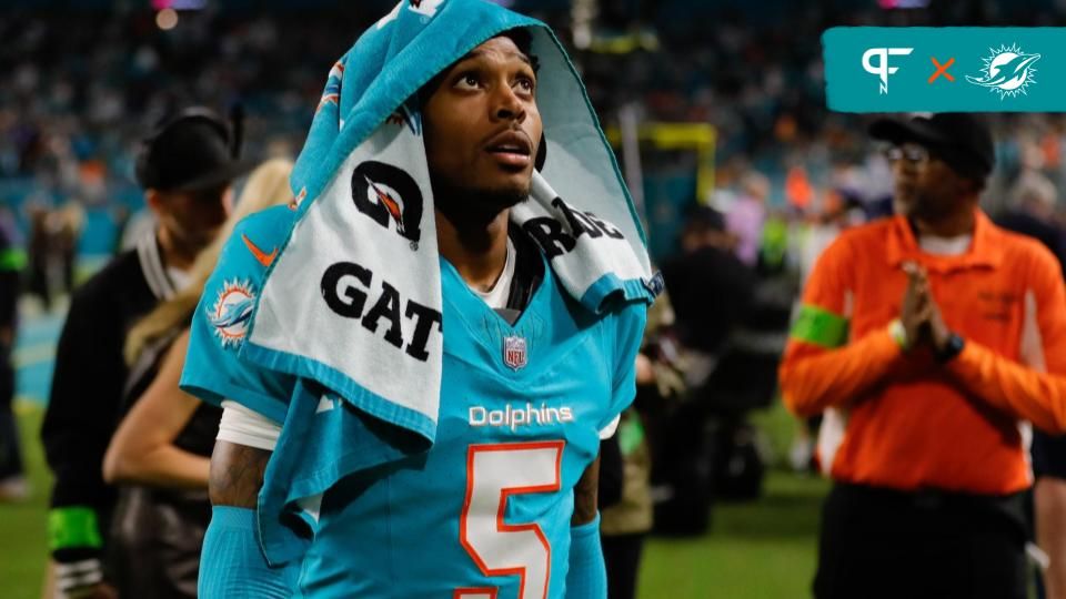 Miami Dolphins cornerback Jalen Ramsey (5) looks on as he walks toward the locker room against the Tennessee Titans during halftime at Hard Rock Stadium.