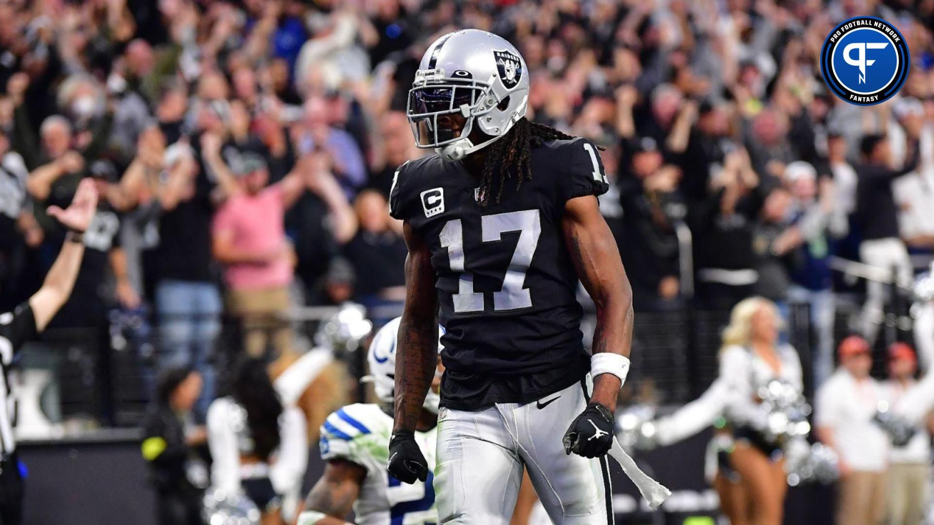 Las Vegas Raiders wide receiver Davante Adams (17) celebrates his touchdown scored against the Indianapolis Colts during the second half at Allegiant Stadium.