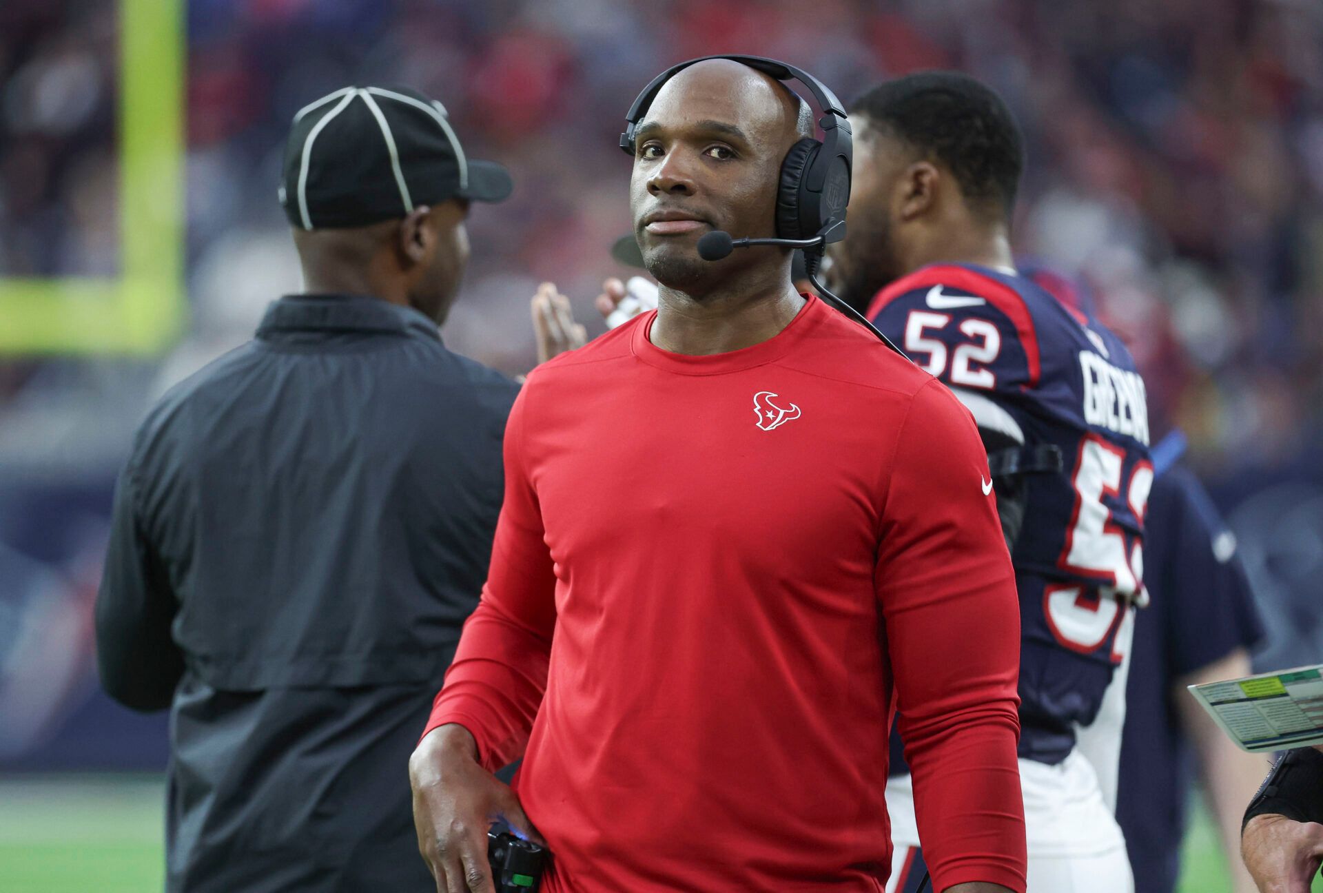 Houston Texans head coach DeMeco Ryans in a 2024 AFC wild card game against the Cleveland Browns at NRG Stadium.