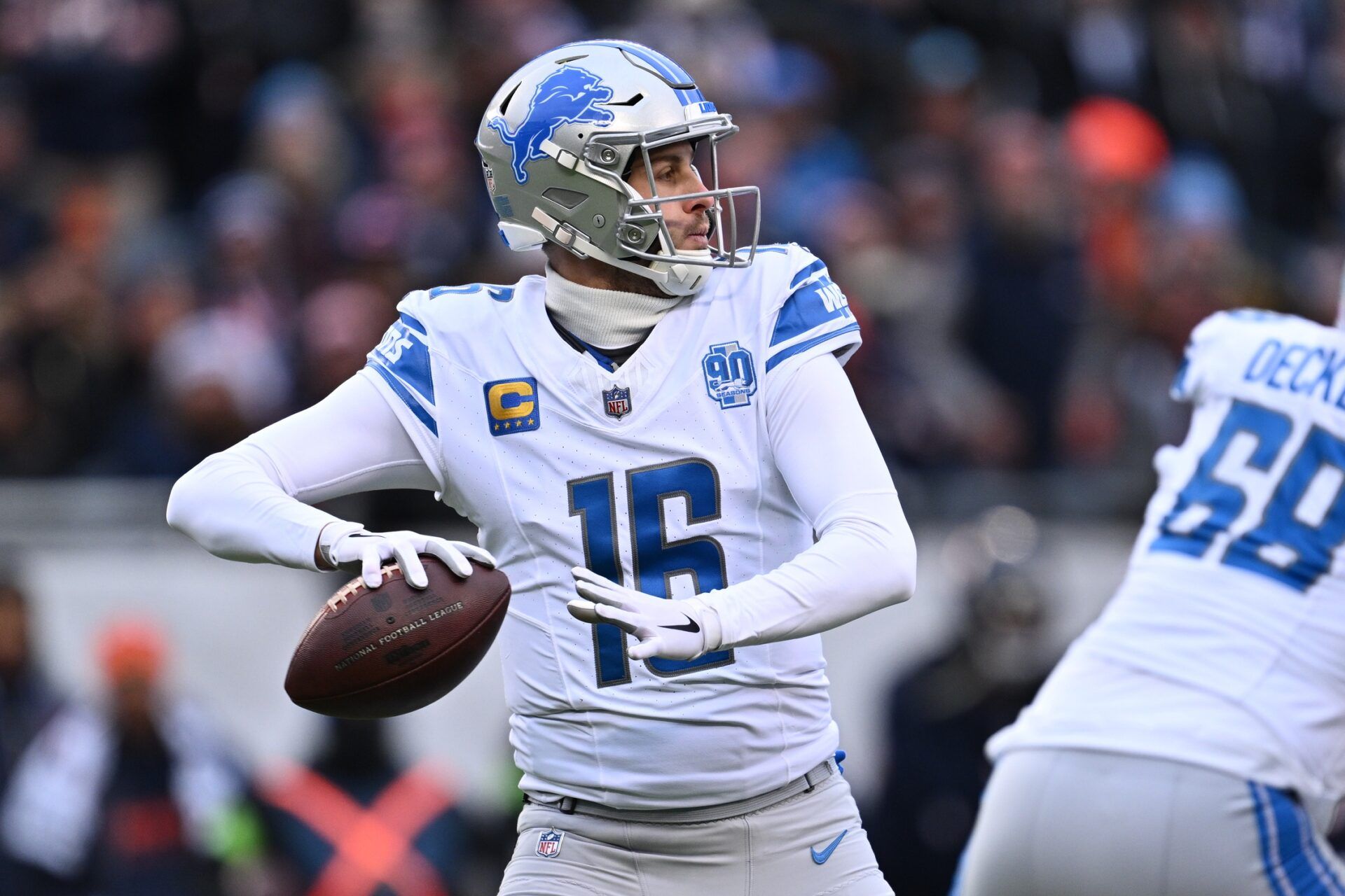 Detroit Lions quarterback Jared Goff (16) passes in the first half against the Chicago Bears at Soldier Field.