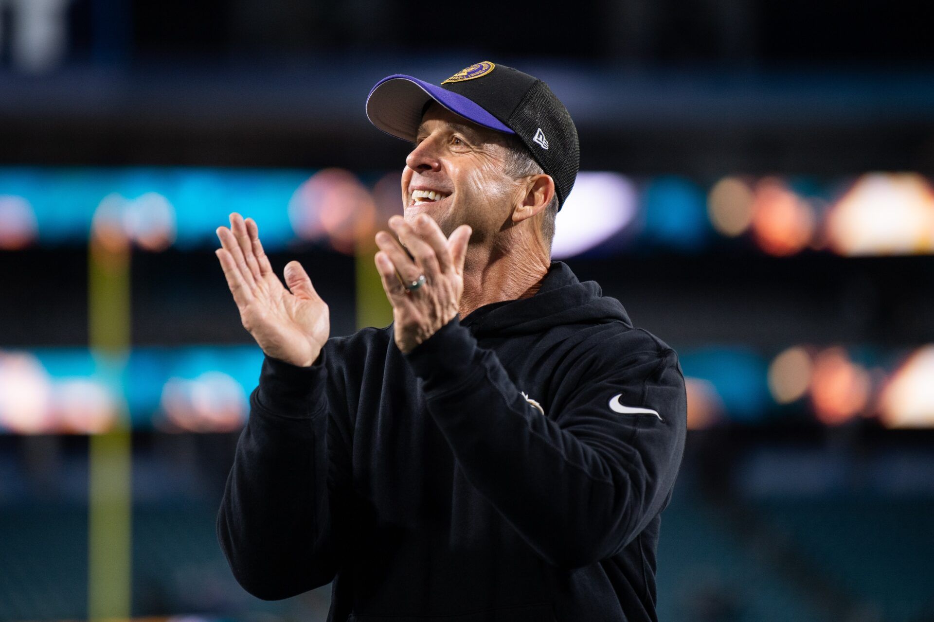 Baltimore Ravens head coach John Harbaugh reacts after the game against the Jacksonville Jaguars at EverBank Stadium.