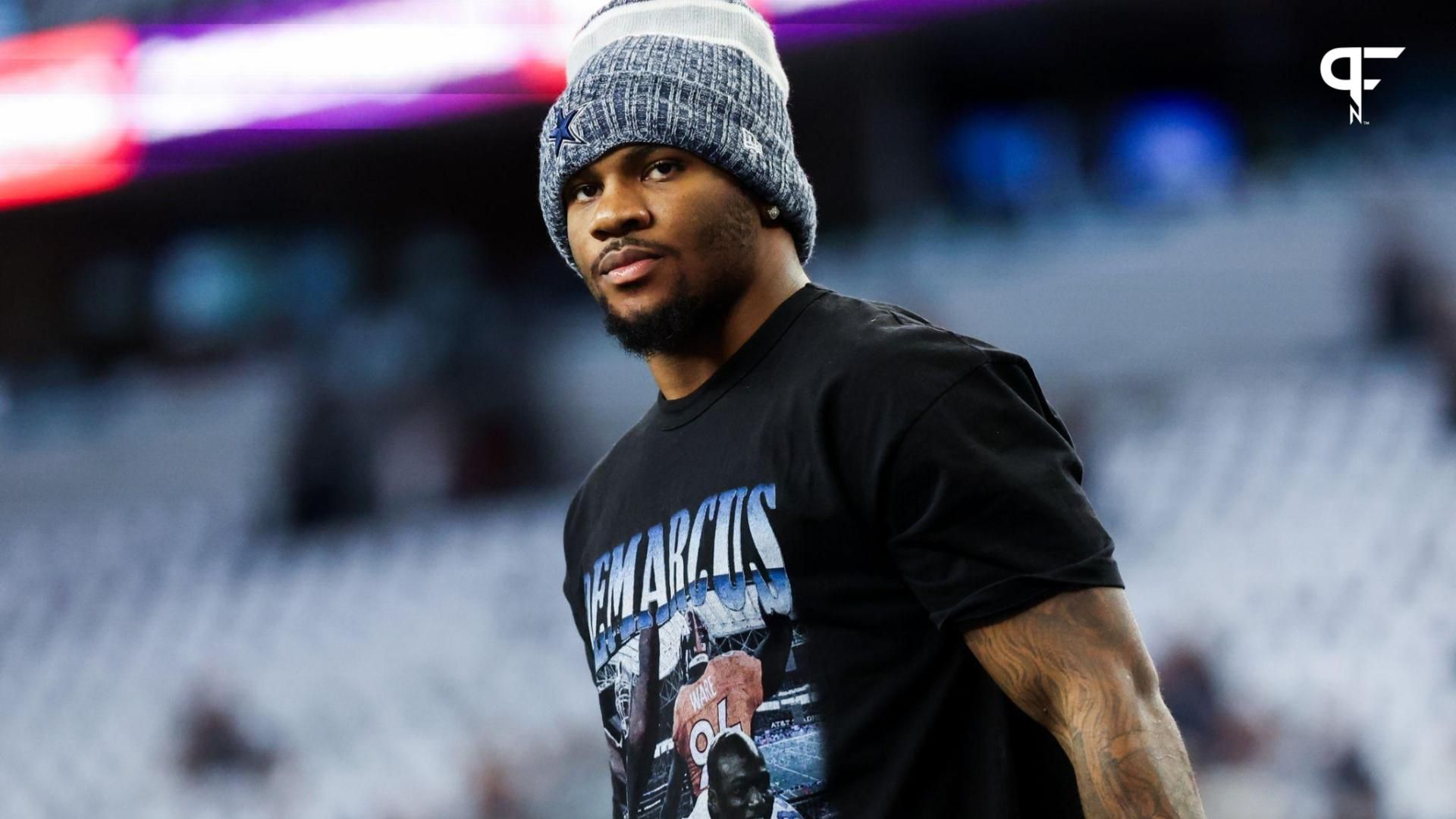 Dallas Cowboys linebacker Micah Parsons (11) warms up before the game against the Los Angeles Rams at AT&T Stadium.