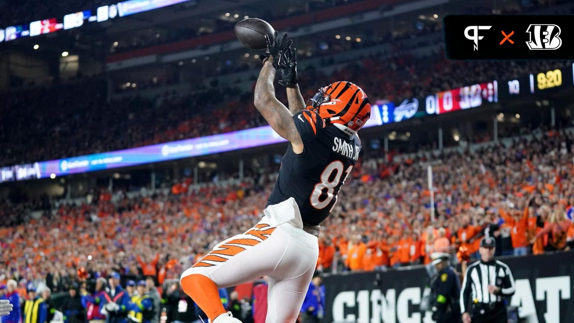 Cincinnati Bengals tight end Irv Smith Jr. (81) catches a touchdown pass in the first quarter during a Week 9 NFL football game between the Buffalo Bills and the Cincinnati Bengals, Sunday, Nov. 5, 2023, at Paycor Stadium in Cincinnati.