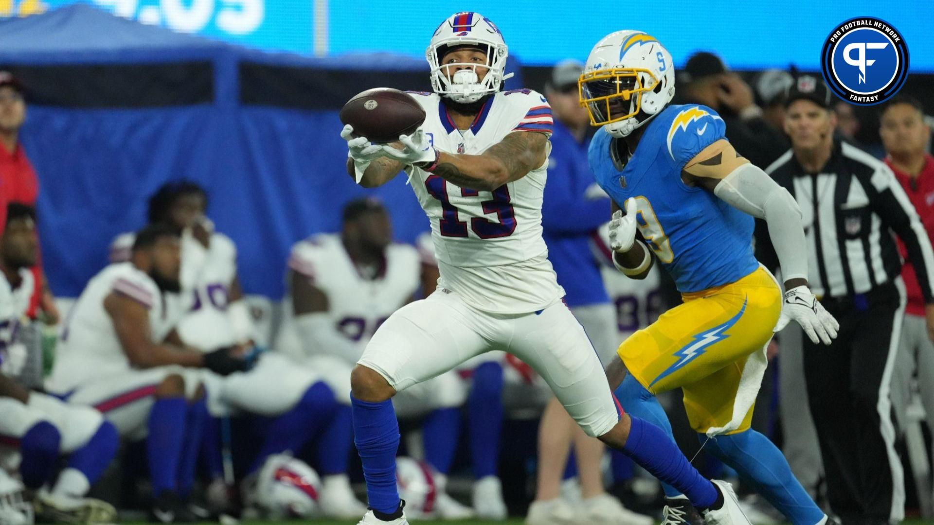 Buffalo Bills wide receiver Gabe Davis (13) catches a 57-yard touchdown pass against the Los Angeles Chargers in the first half at SoFi Stadium.