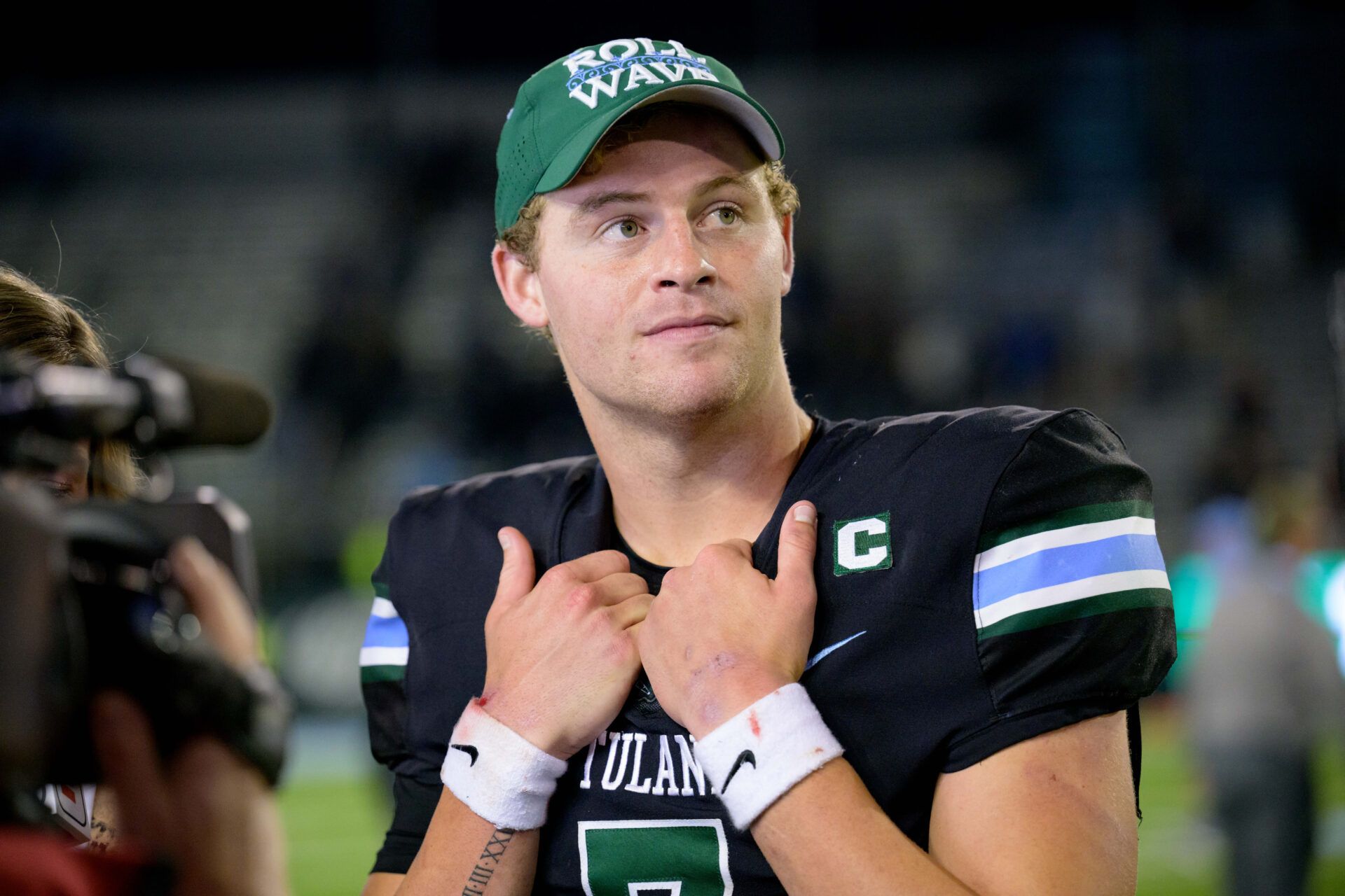 Tulane Green Wave quarterback Michael Pratt (7) is interviewed after defeating the UTSA Roadrunners at Yulman Stadium.