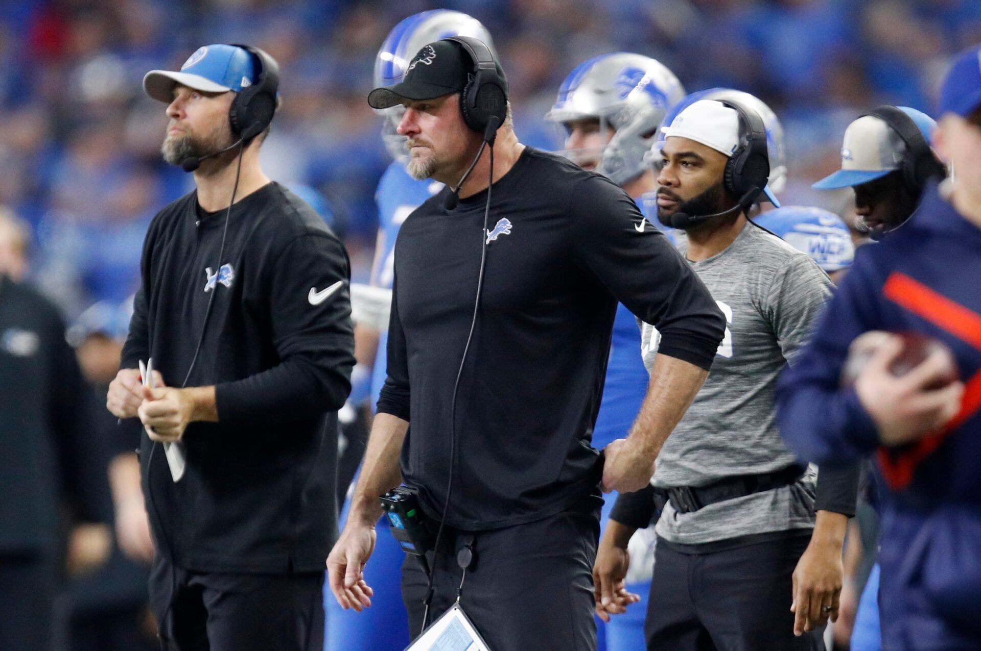 Detroit Lions head coach Dan Campbell watches from the sidelines during the first half against the L.A. Rams