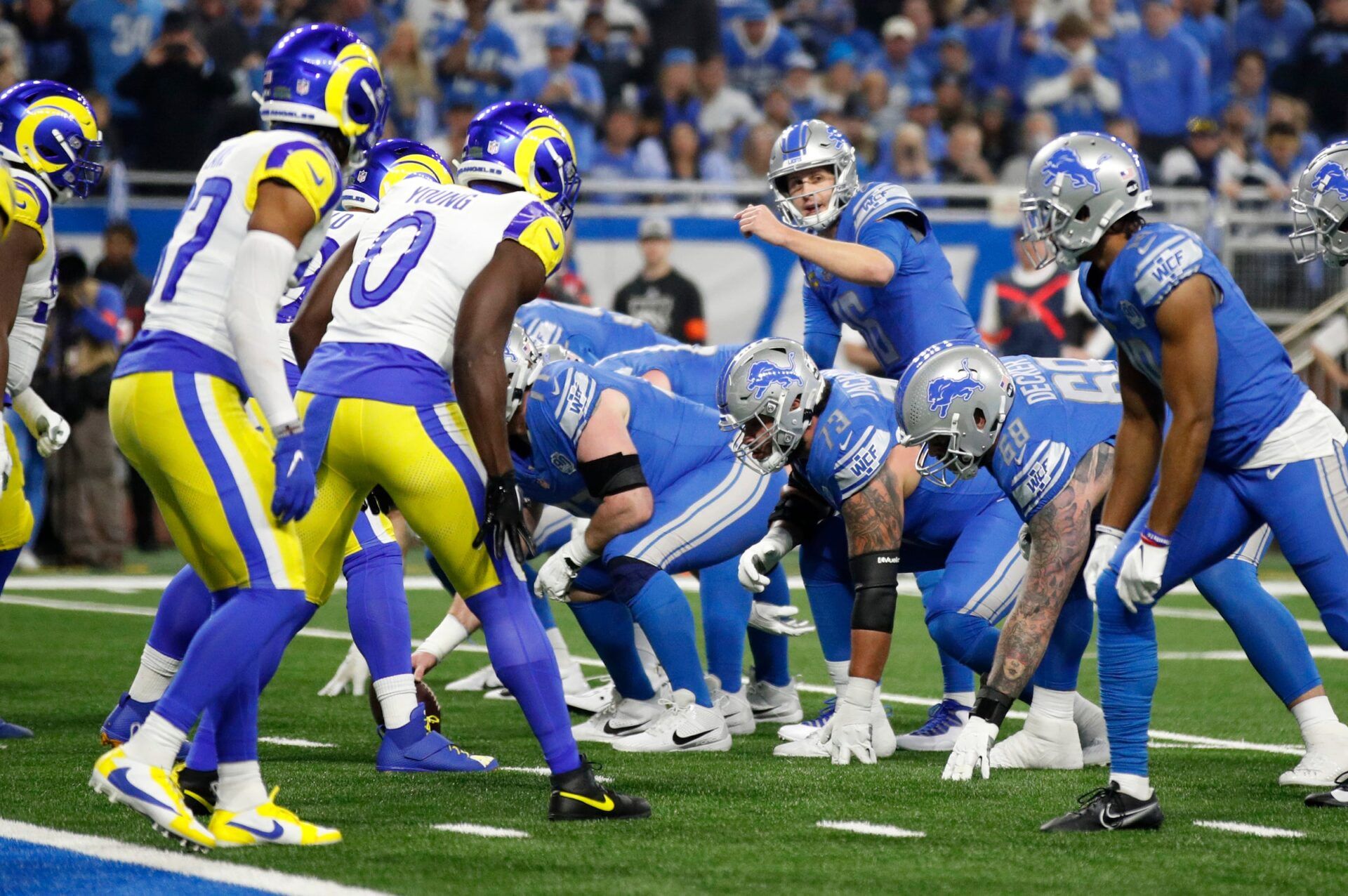 Detroit Lions quarterback Jared Goff calls out a play in the first half against the L.A. Rams at Ford Field in Detroit