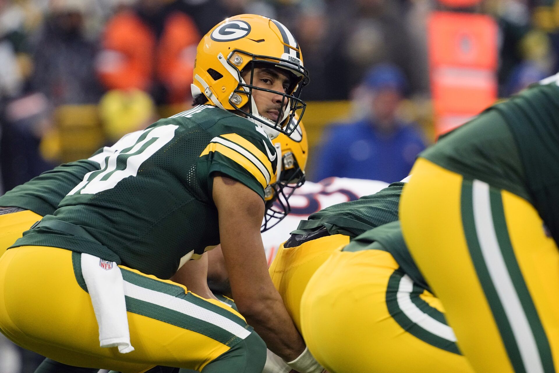 Green Bay Packers quarterback Jordan Love (10) during the game against the Chicago Bears at Lambeau Field.