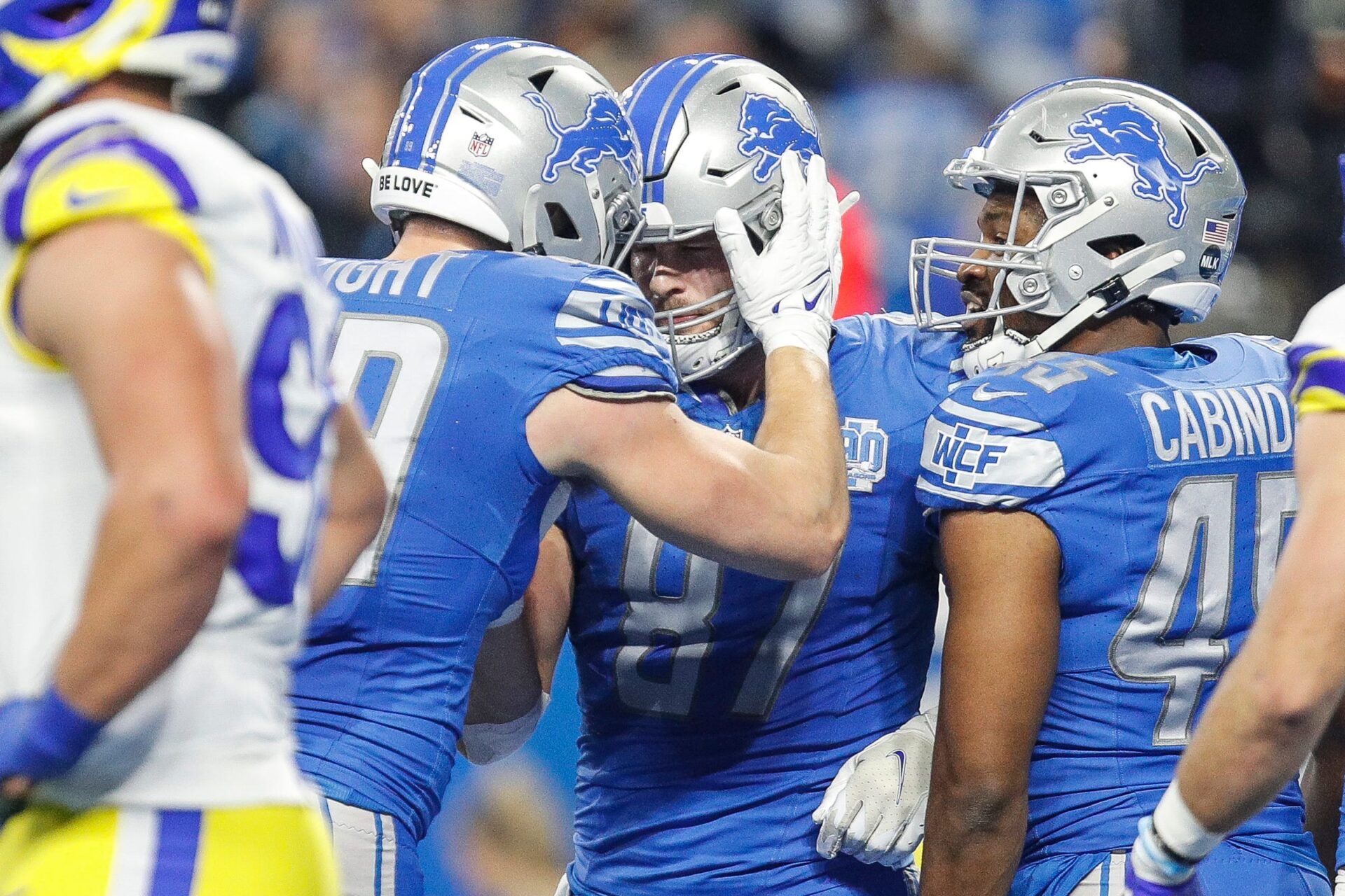 Detroit Lions tight end Sam LaPorta celebrates his fourth-down touchdown against the Los Angeles Rams during the first half of the NFC wild-card game at Ford Field