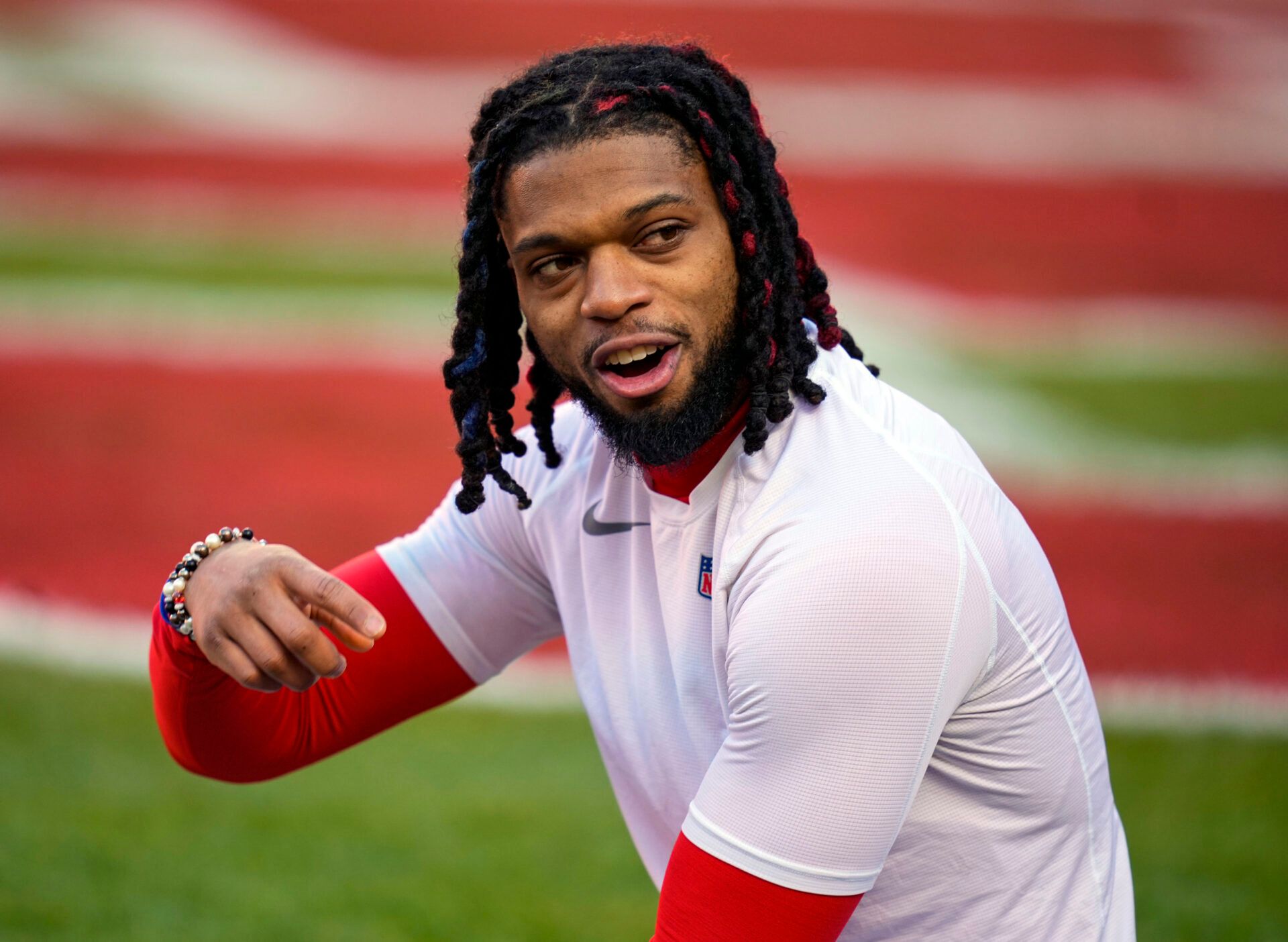 Buffalo Bills safety Damar Hamlin (3) talks to fans prior to a game against the Kansas City Chiefs at GEHA Field at Arrowhead Stadium.