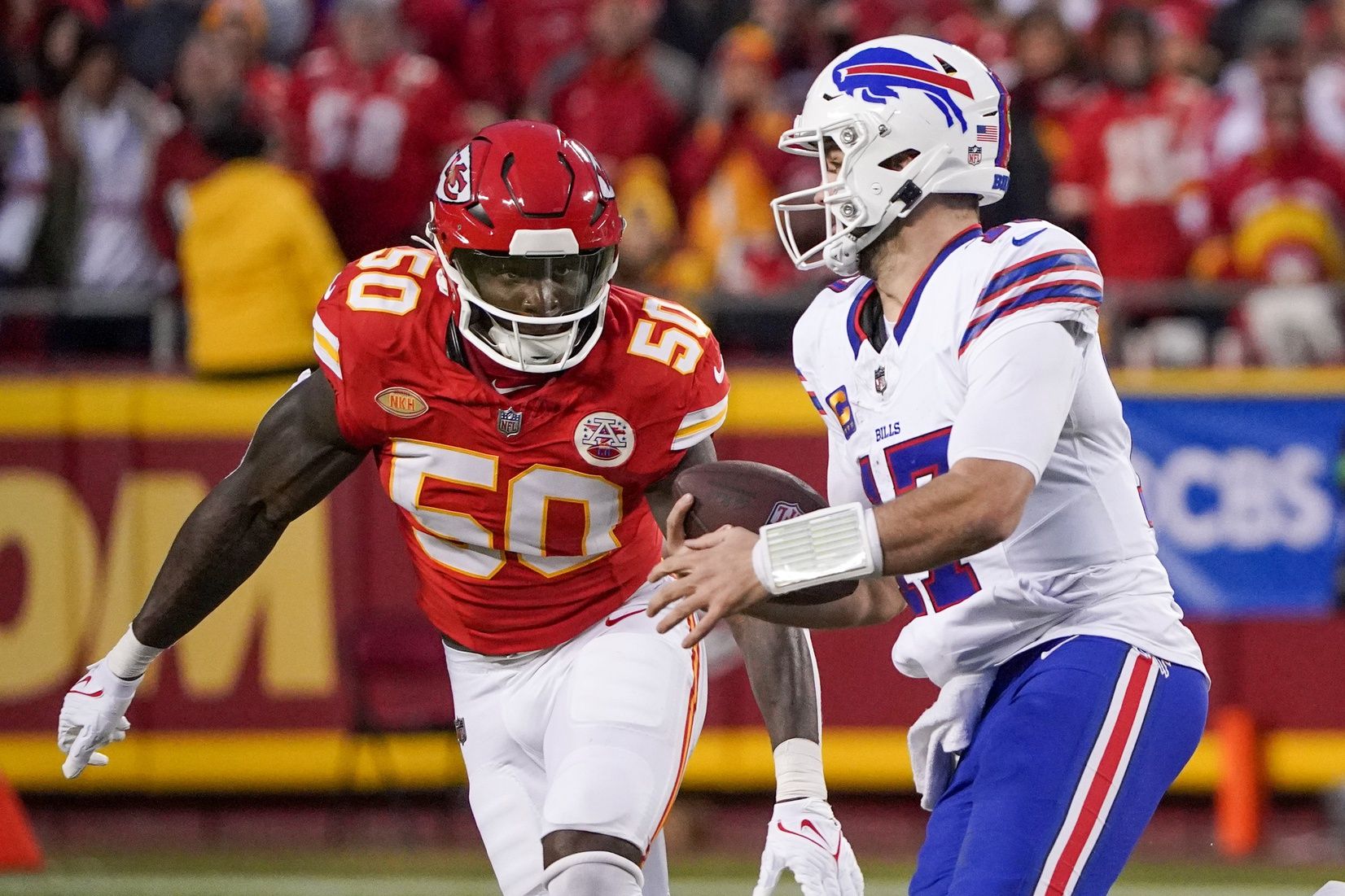 Buffalo Bills QB Josh Allen (17) and Kansas City Chiefs LB Willie Gay (50) during the game.