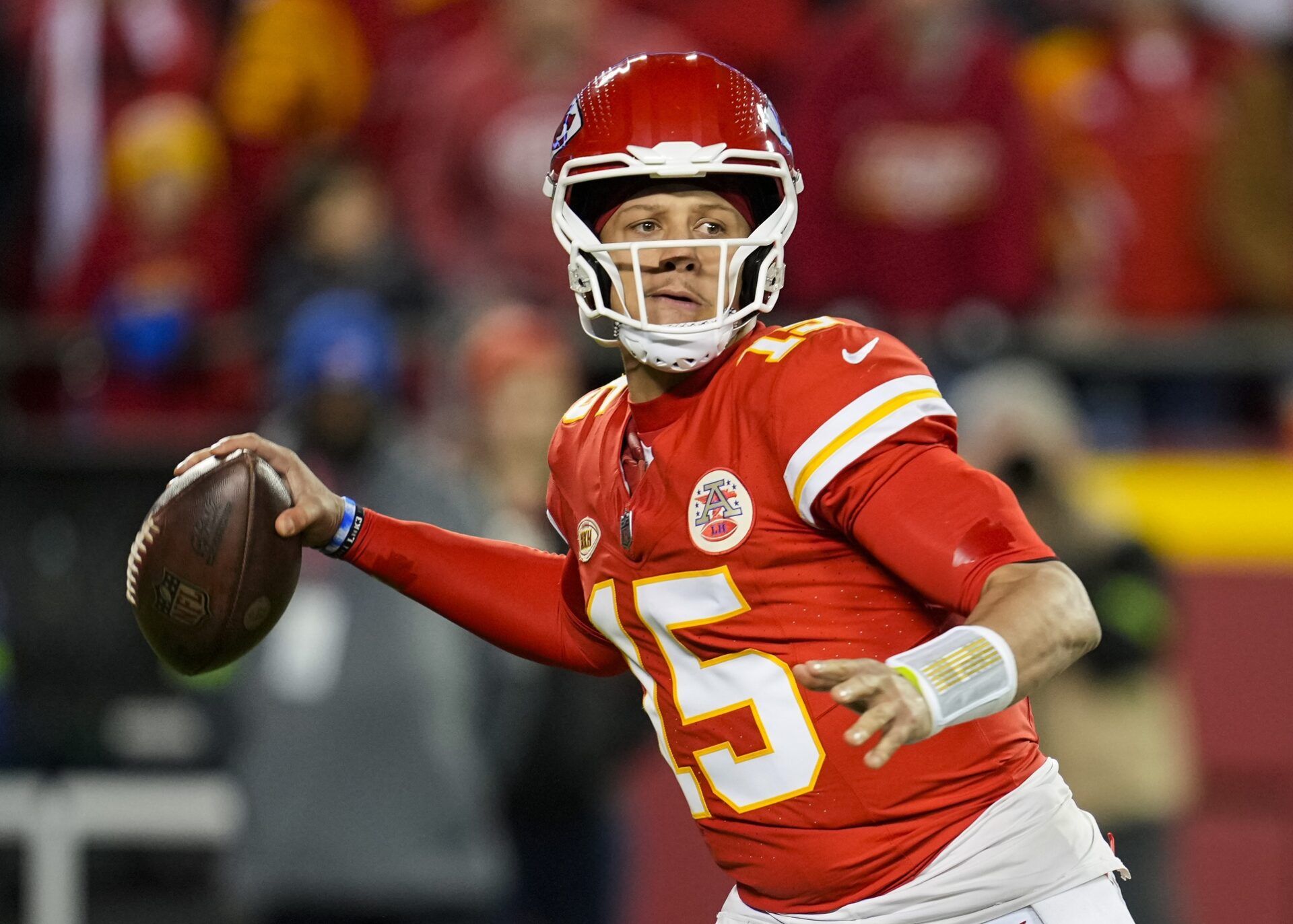 Kansas City Chiefs quarterback Patrick Mahomes (15) throws a pass during the second half against the Buffalo Bills at GEHA Field at Arrowhead Stadium.