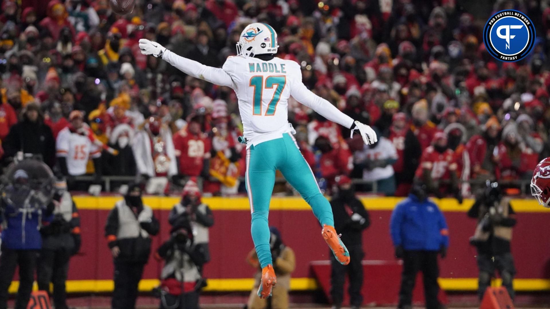 Miami Dolphins wide receiver Jaylen Waddle (17) misses catching a pass against the Kansas City Chiefs during the first half of the 2024 AFC wild card game at GEHA Field at Arrowhead Stadium.