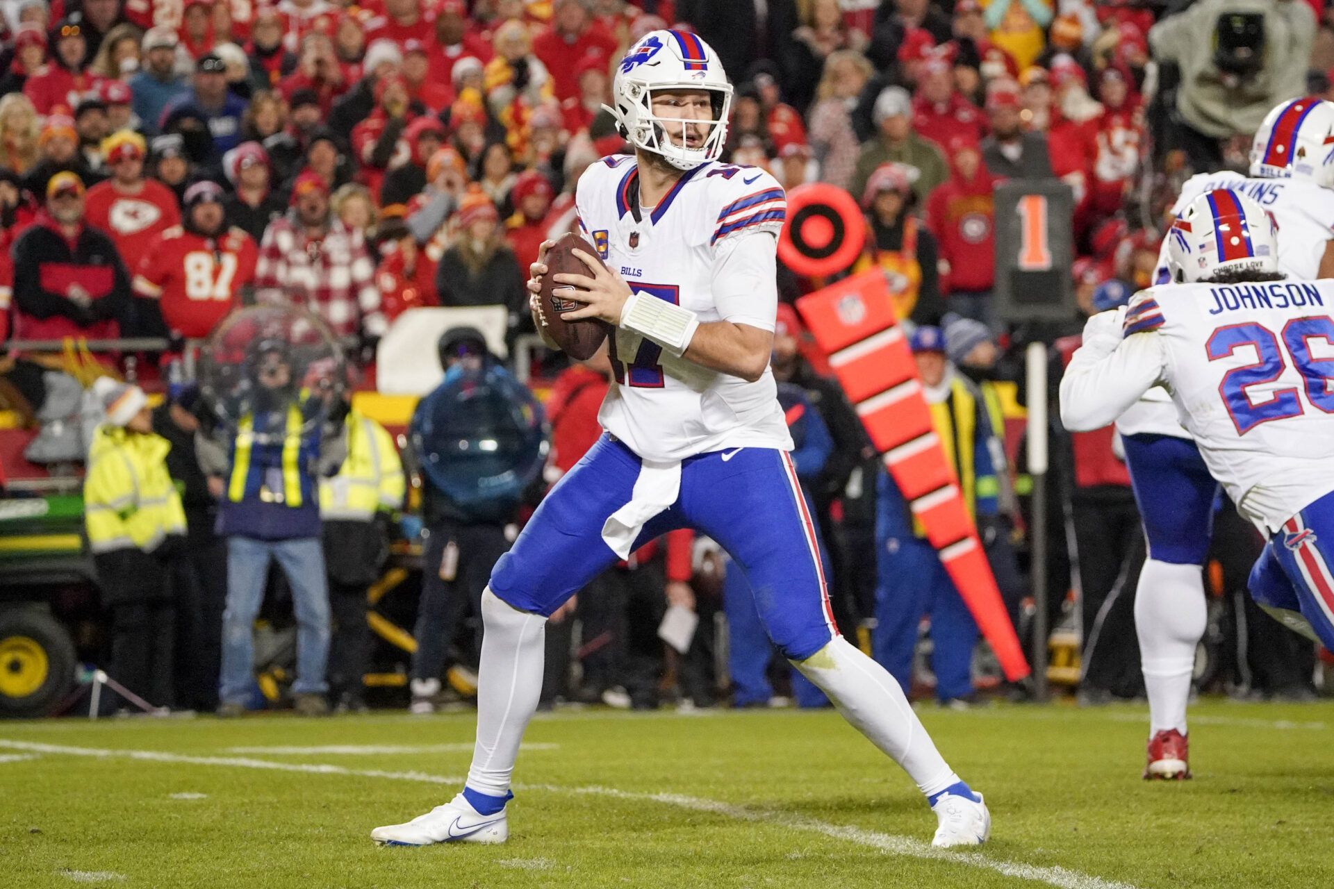 Buffalo Bills quarterback Josh Allen (17) against the Kansas City Chiefs during the game at GEHA Field at Arrowhead Stadium.