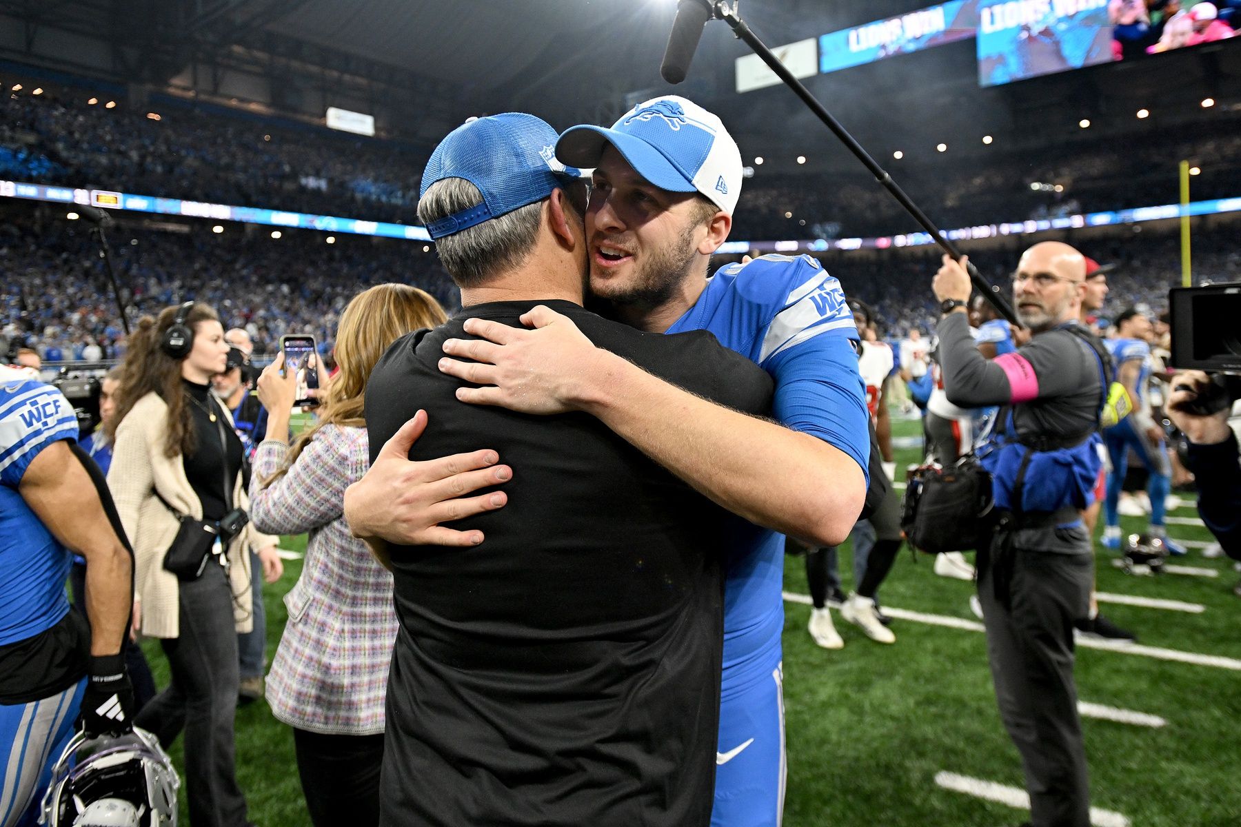 Detroit Lions quarterback Jared Goff (16) reacts after winning a 2024 NFC divisional round game against the Tampa Bay Buccaneers at Ford Field.