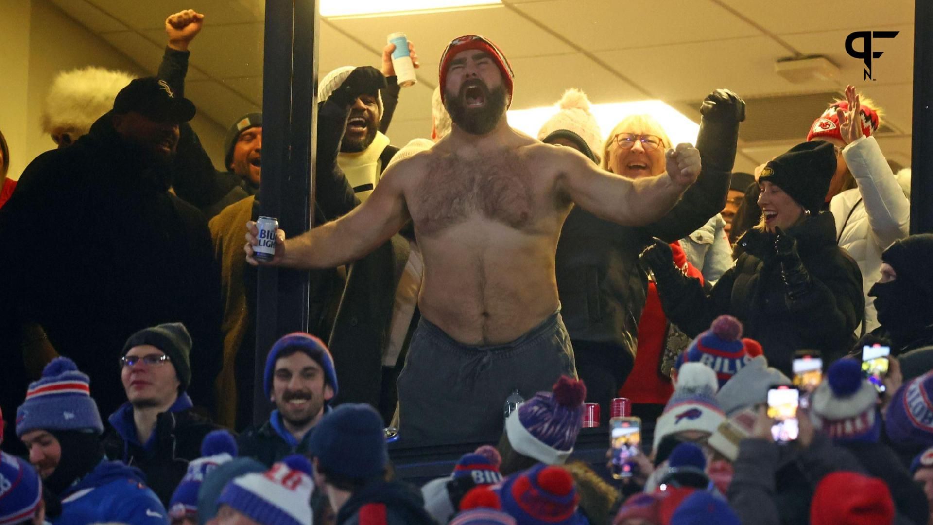 Jason Kelce reacts after the Kansas City Chiefs score against the Buffalo Bills during the first half for the 2024 AFC divisional round game at Highmark Stadium.