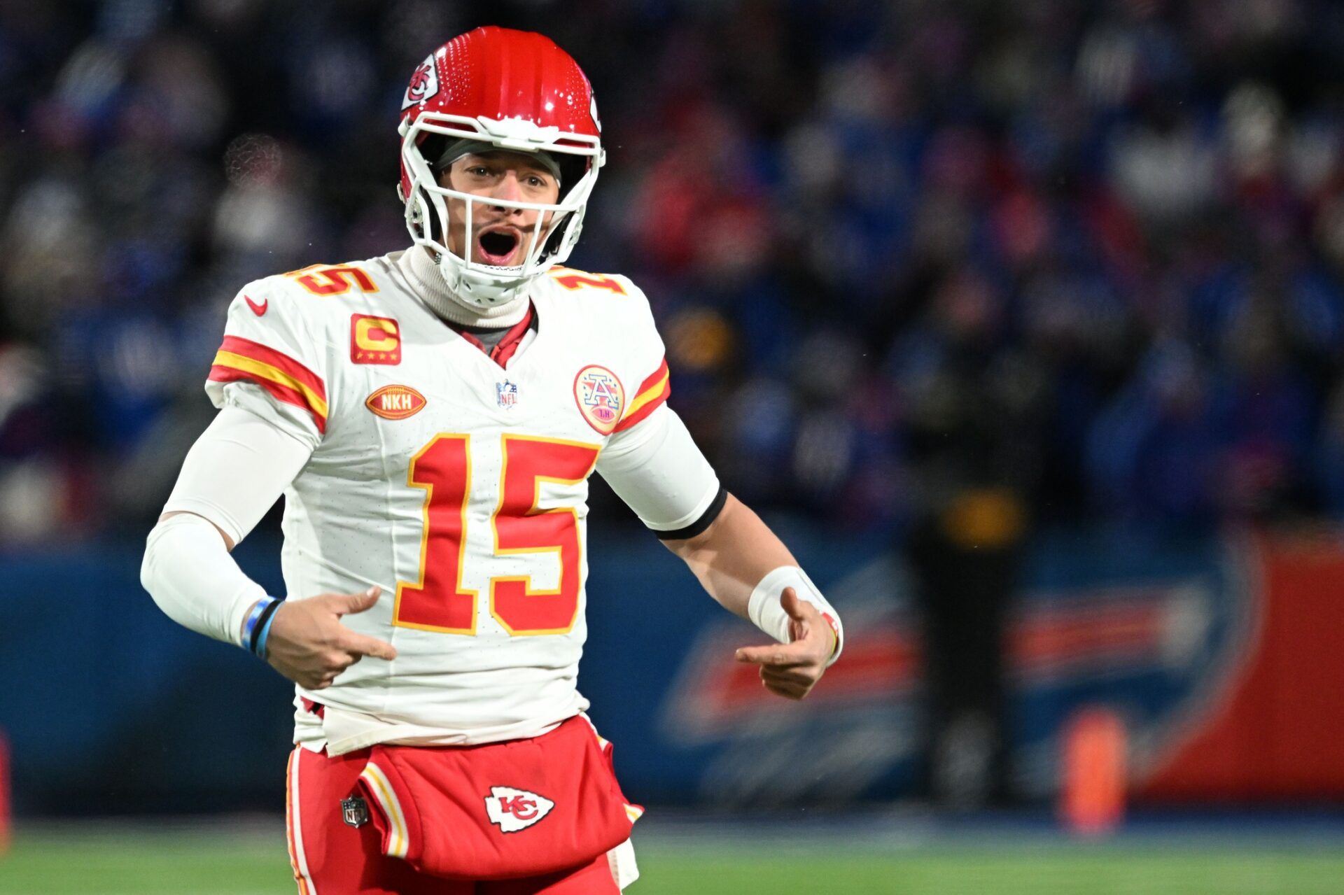 Kansas City Chiefs QB Patrick Mahomes (15) reacts against the Buffalo Bills.