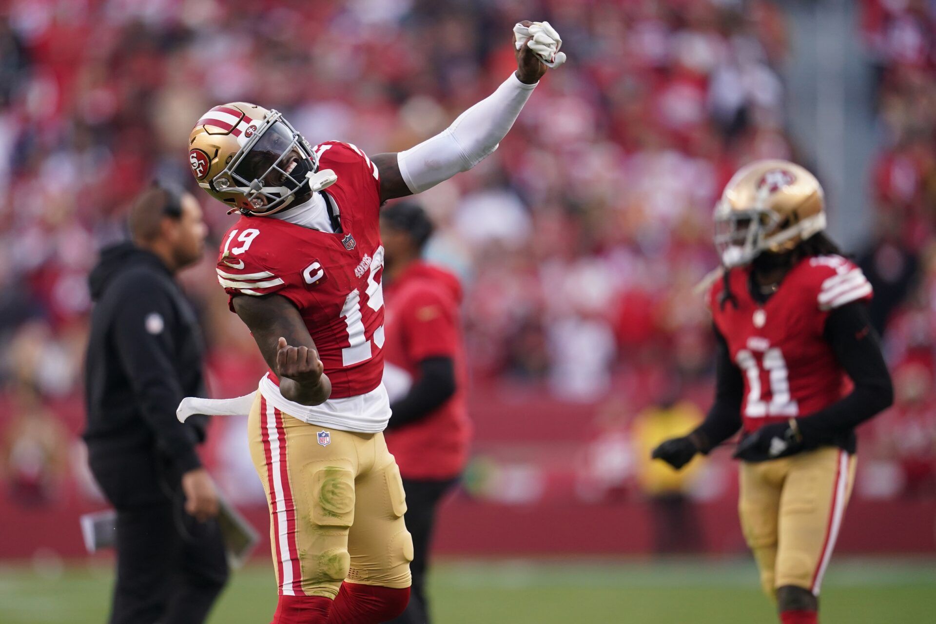 San Francisco 49ers wide receiver Deebo Samuel (19) jumps in the air during a break in the action against the Seattle Seahawks in the fourth quarter at Levi's Stadium.