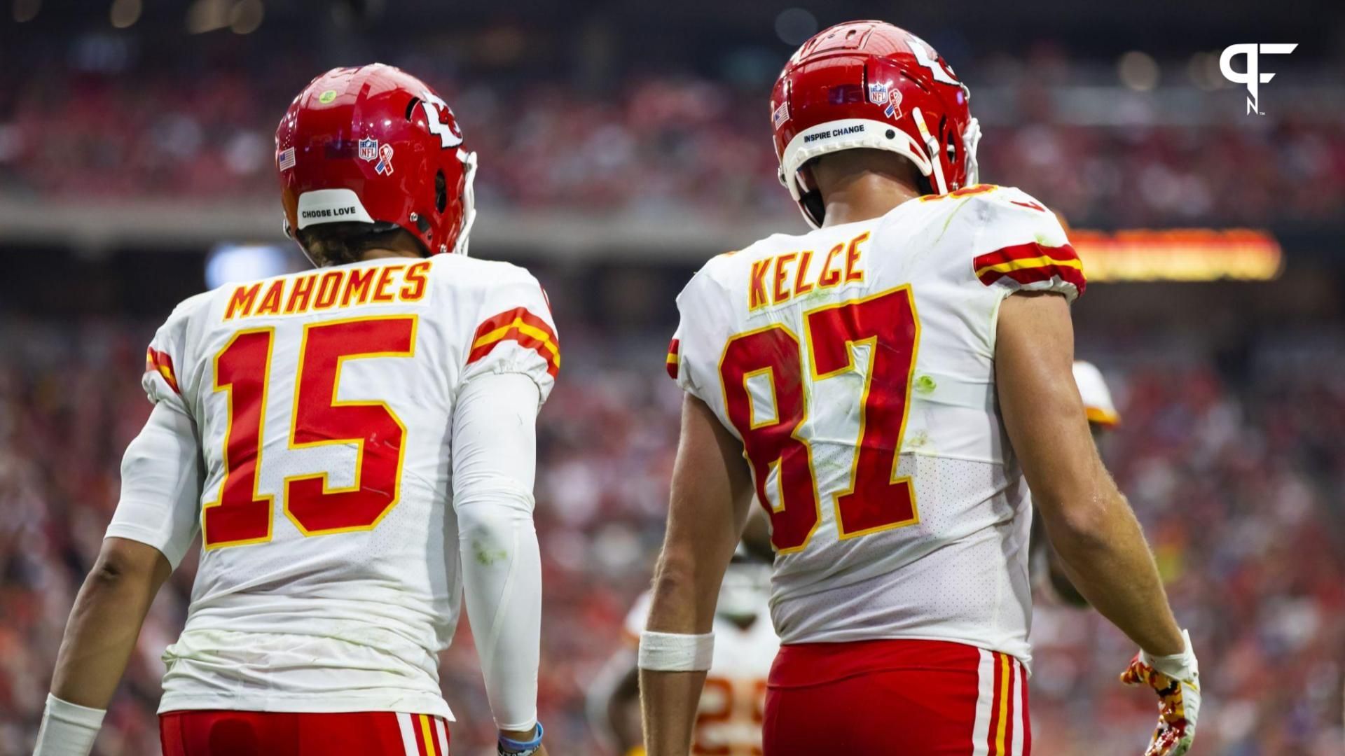 Detailed view of the jersey of Kansas City Chiefs quarterback Patrick Mahomes (15) and tight end Travis Kelce (87) against the Arizona Cardinals at State Farm Stadium.