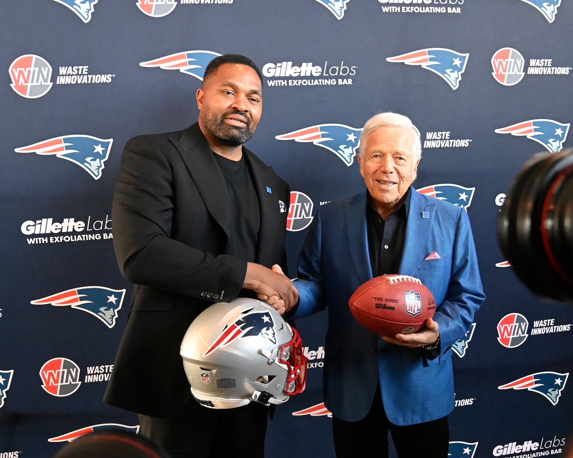 New England Patriots head coach Jerod Mayo (L) and owner Robert Kraft pose for photos after a press conference announcing Mayo's hiring as the team's head coach at Gillette Stadium.