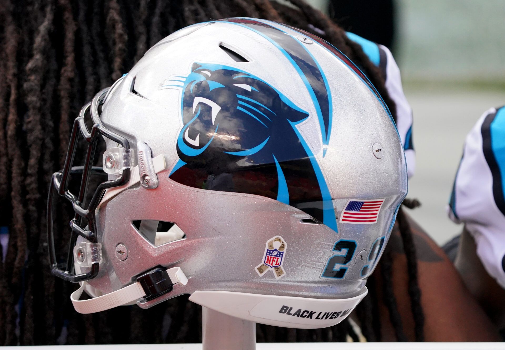 A general view of a Carolina Panthers helmet during the first half against the Kansas City Chiefs at Arrowhead Stadium.