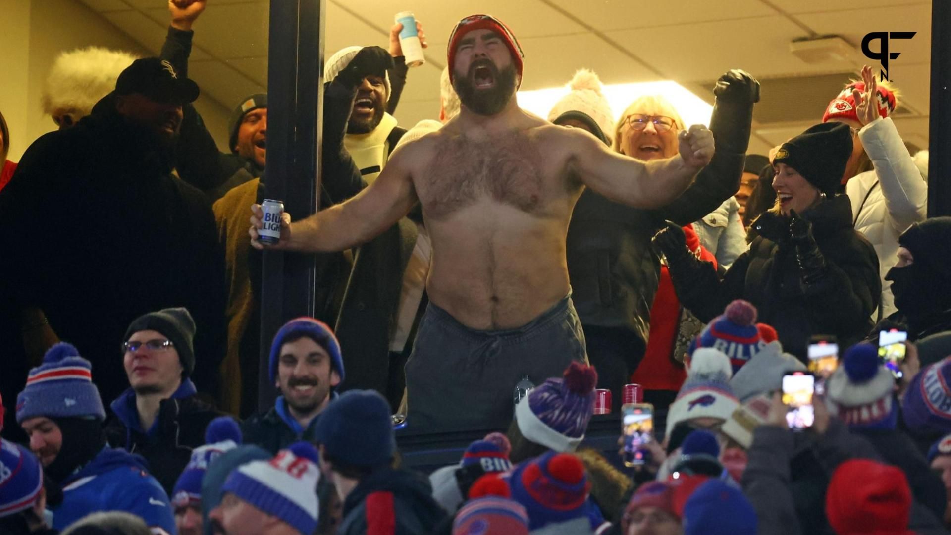 Jason Kelce reacts after the Kansas City Chiefs score against the Buffalo Bills during the first half for the 2024 AFC divisional round game at Highmark Stadium.