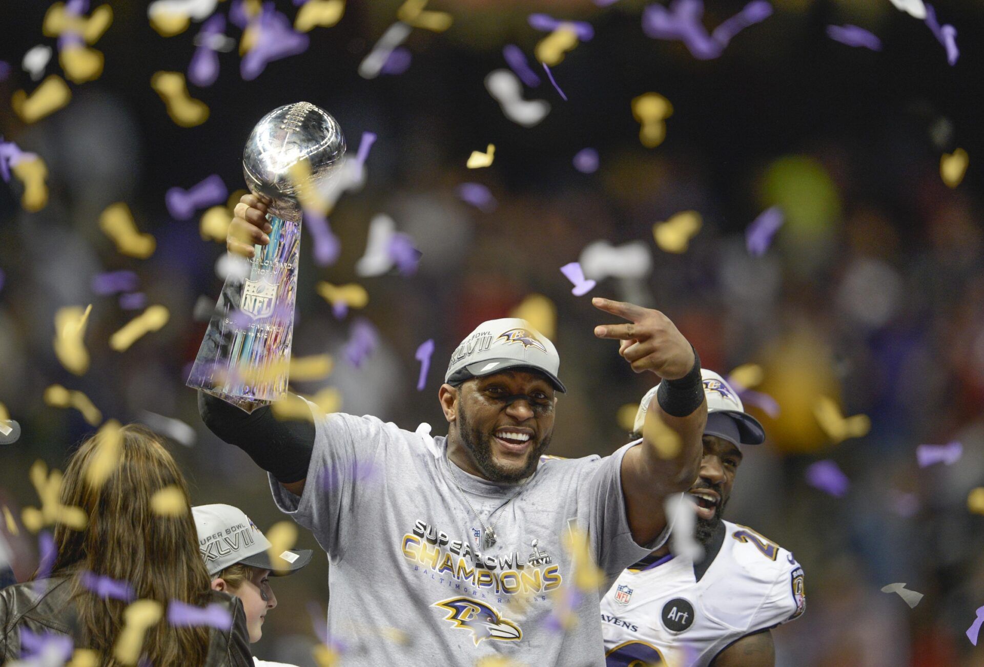 Baltimore Ravens inside linebacker Ray Lewis (52) celebrates his second Super Bowl victory in Super Bowl XLVII at the Mercedes-Benz Superdome.