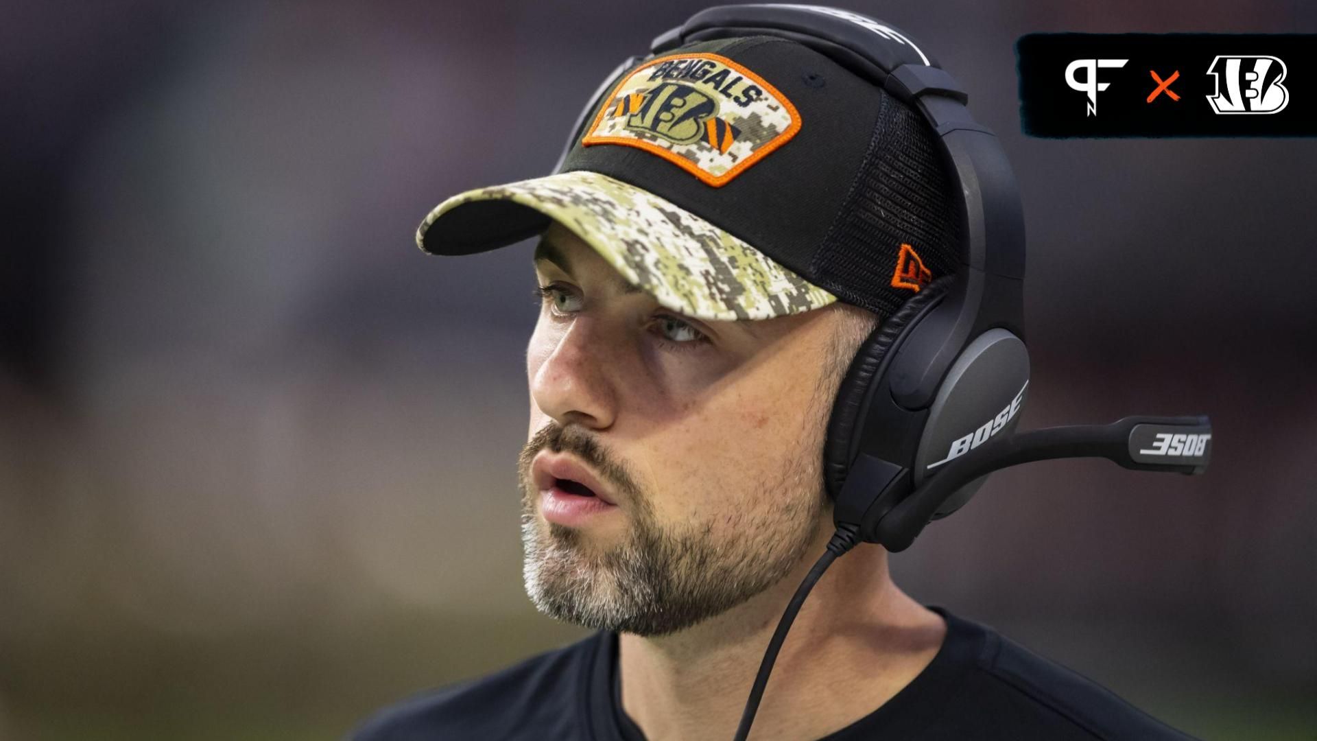 Cincinnati Bengals quarterbacks coach Dan Pitcher against the Las Vegas Raiders at Allegiant Stadium.