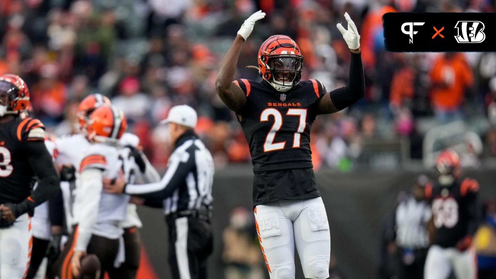 Cincinnati Bengals safety Jordan Battle (27) celebrates a sack in the fourth quarter of the NFL Week 18 game between the Cincinnati Bengals and the Cleveland Browns at Paycor Stadium in downtown Cincinnati on Sunday, Jan. 7, 2024.