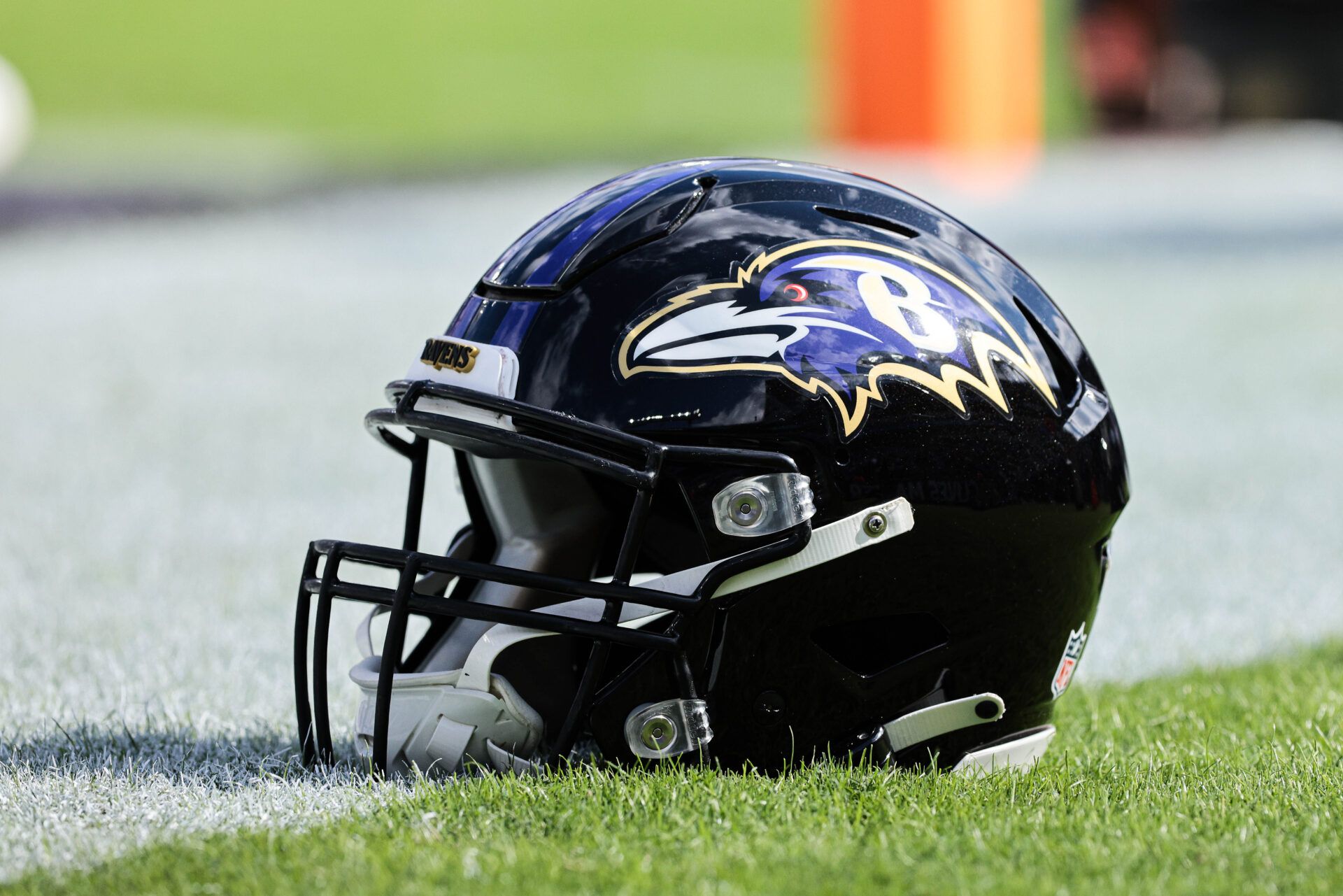 A general view of a Baltimore Ravens helmet on the field before the game against the Los Angeles Chargers at M&T Bank Stadium.