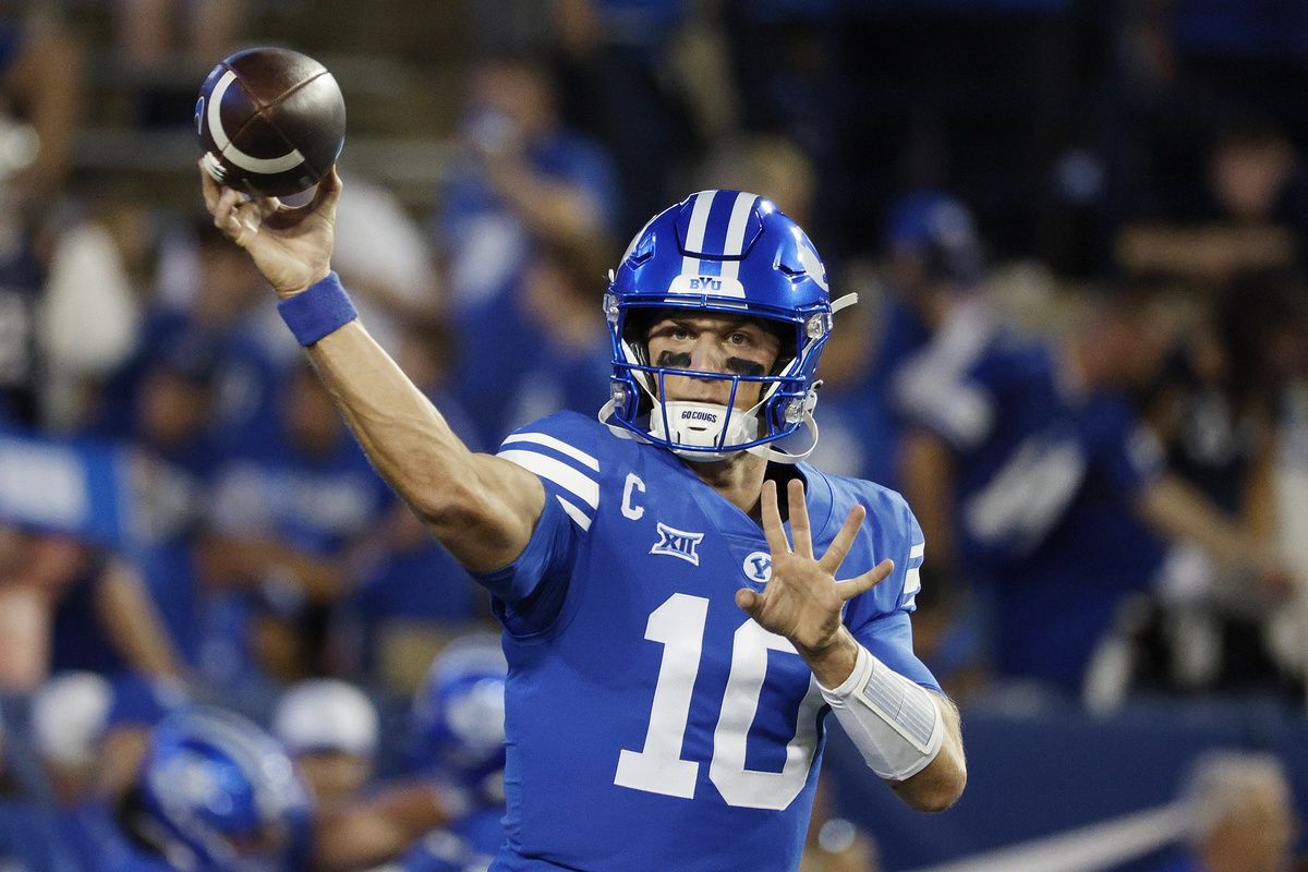 Brigham Young Cougars quarterback Kedon Slovis (10) warms up prior to their game against the Cincinnati Bearcats at LaVell Edwards Stadium.